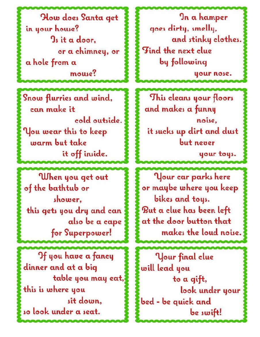 Treasure Hunt Clue Cards- Page 2 | Elfoutfitters #elfoutfitters - Free Printable Christmas Treasure Hunt Clues