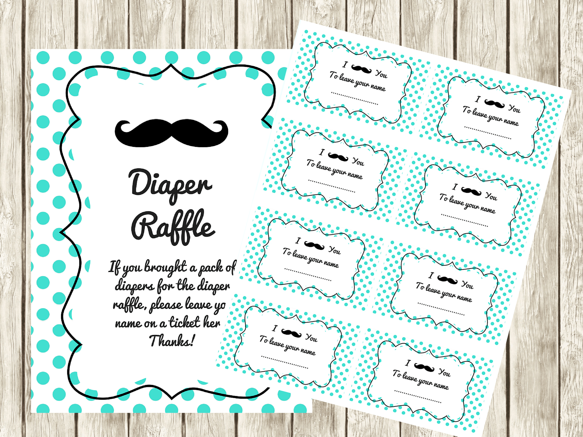 Turquoise Mustache Baby Shower Diaper Raffle Ticket Cards And Sign - Free Printable Bridal Shower Raffle Tickets