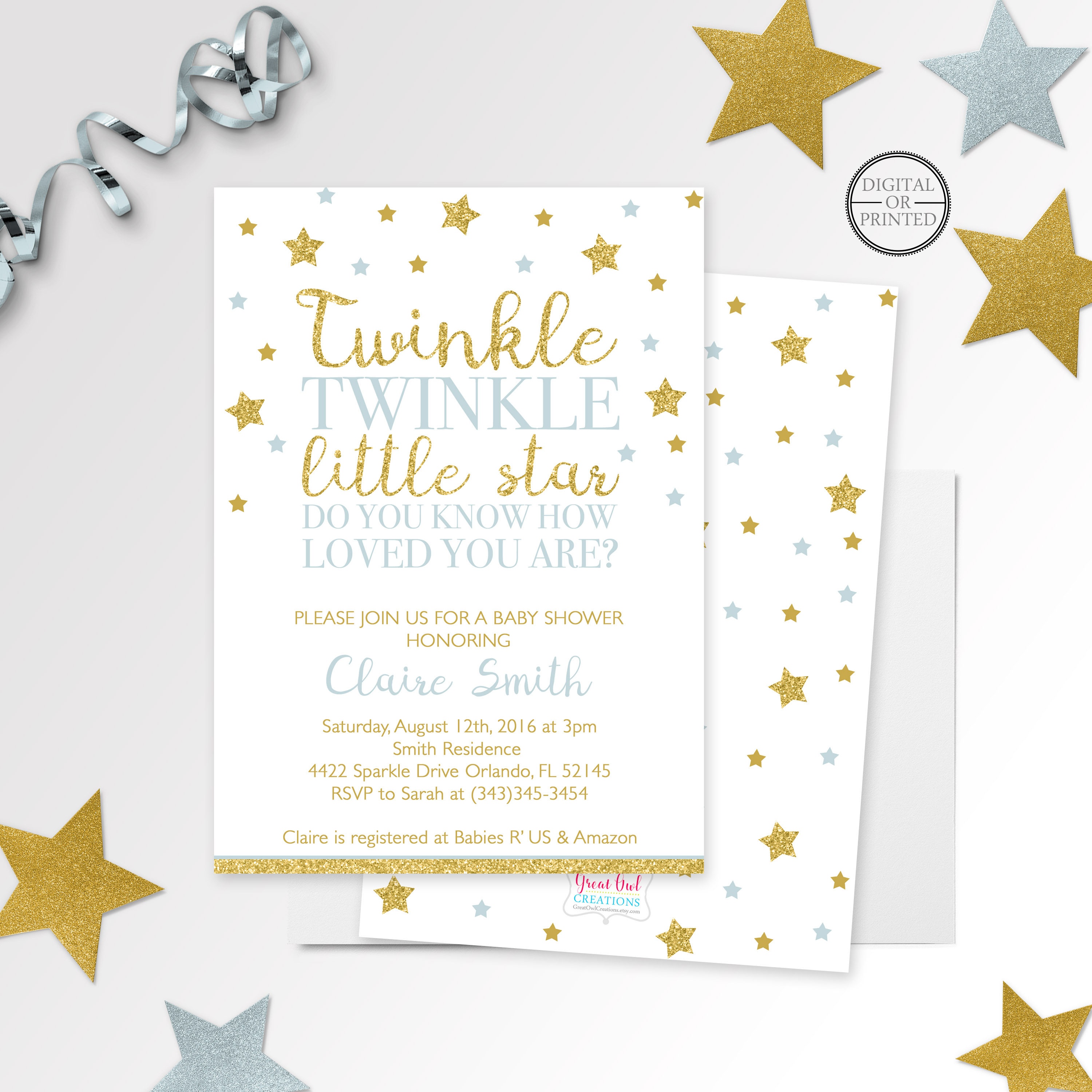 Twinkle Twinkle Little Star Baby Shower Invitation Printed Or | Etsy - Free Printable Twinkle Twinkle Little Star Baby Shower Invitations