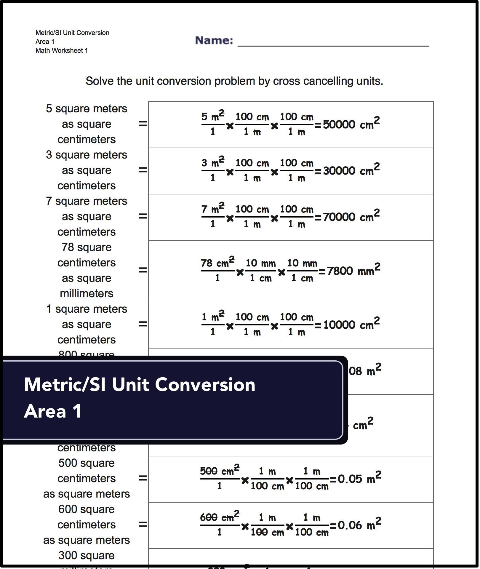Unit Conversion Worksheets For Converting Metric/si Area To Other - Free Printable Physics Worksheets
