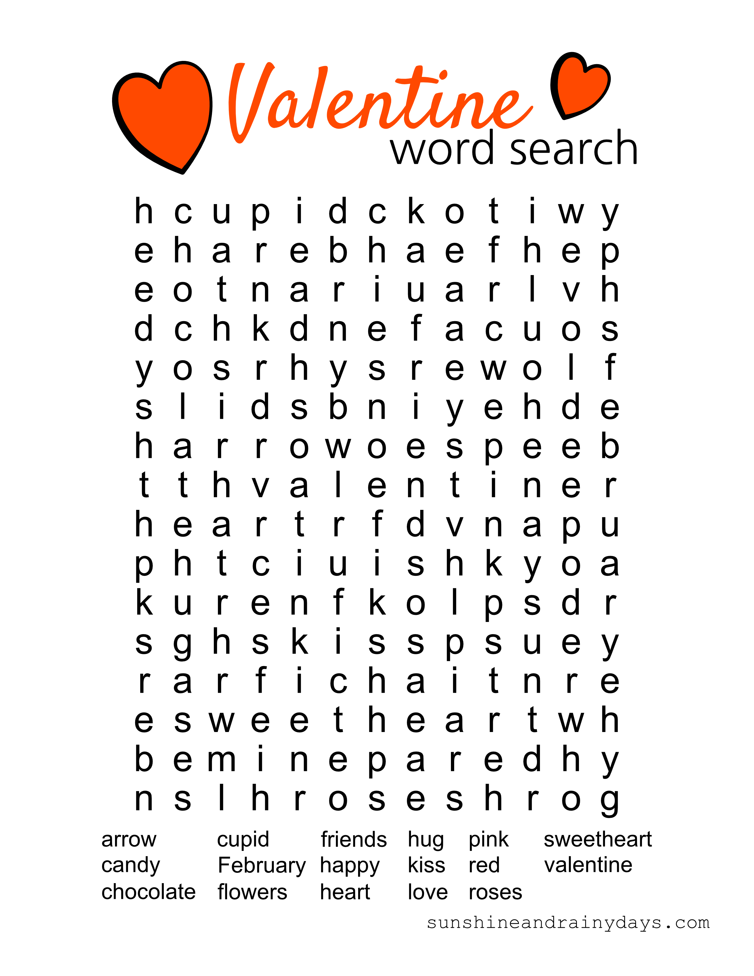 Valentine Word Search Printable - Sunshine And Rainy Days - Free Printable Valentine Word Search For Adults