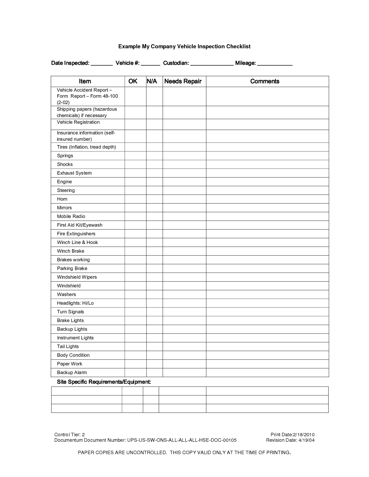 Vehicle Inspection Checklist Template | Vehicle Inspection | Vehicle - Free Printable Vehicle Inspection Form