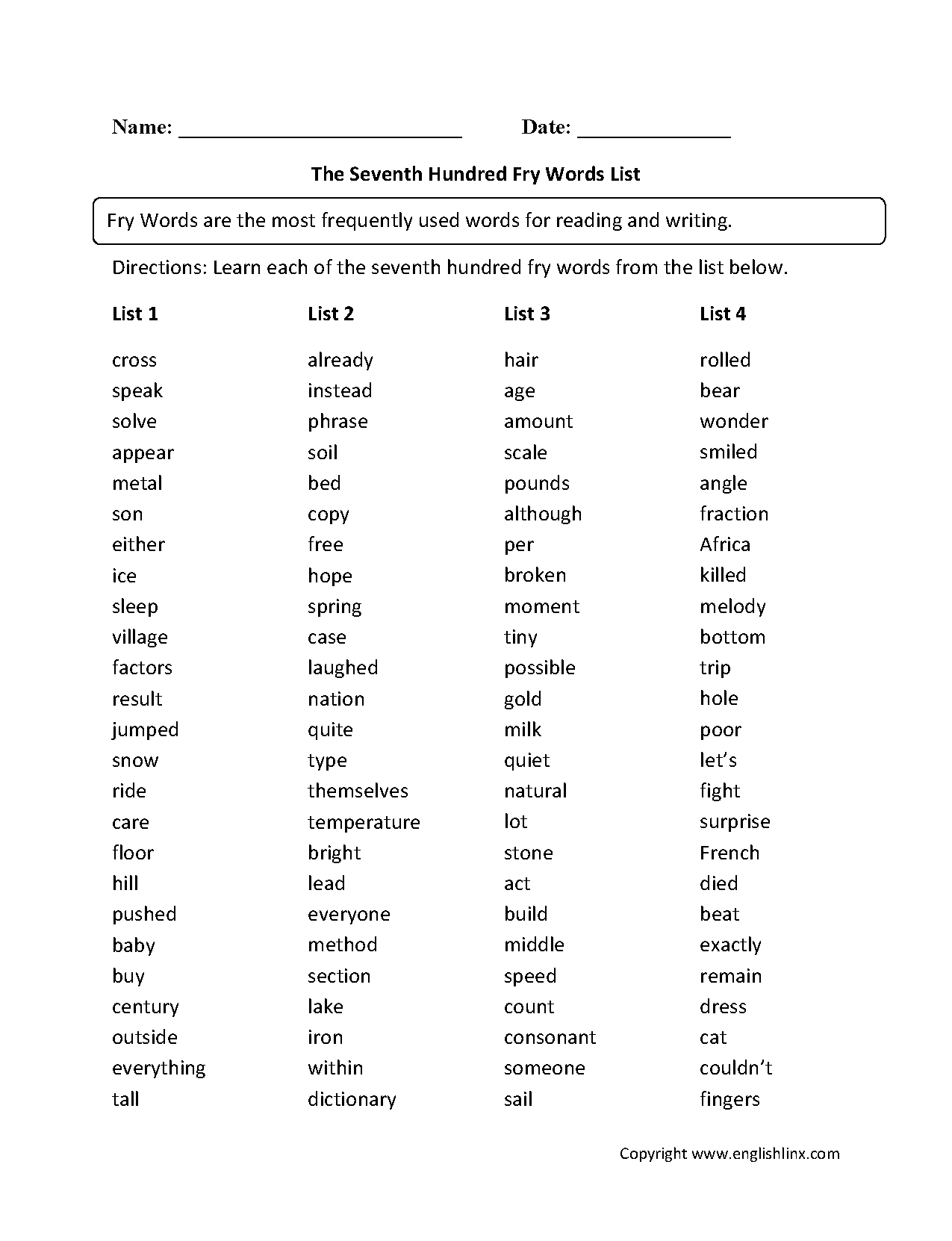 Vocabulary Worksheets | Fry Words Worksheets - Free Printable 7Th Grade Vocabulary Worksheets