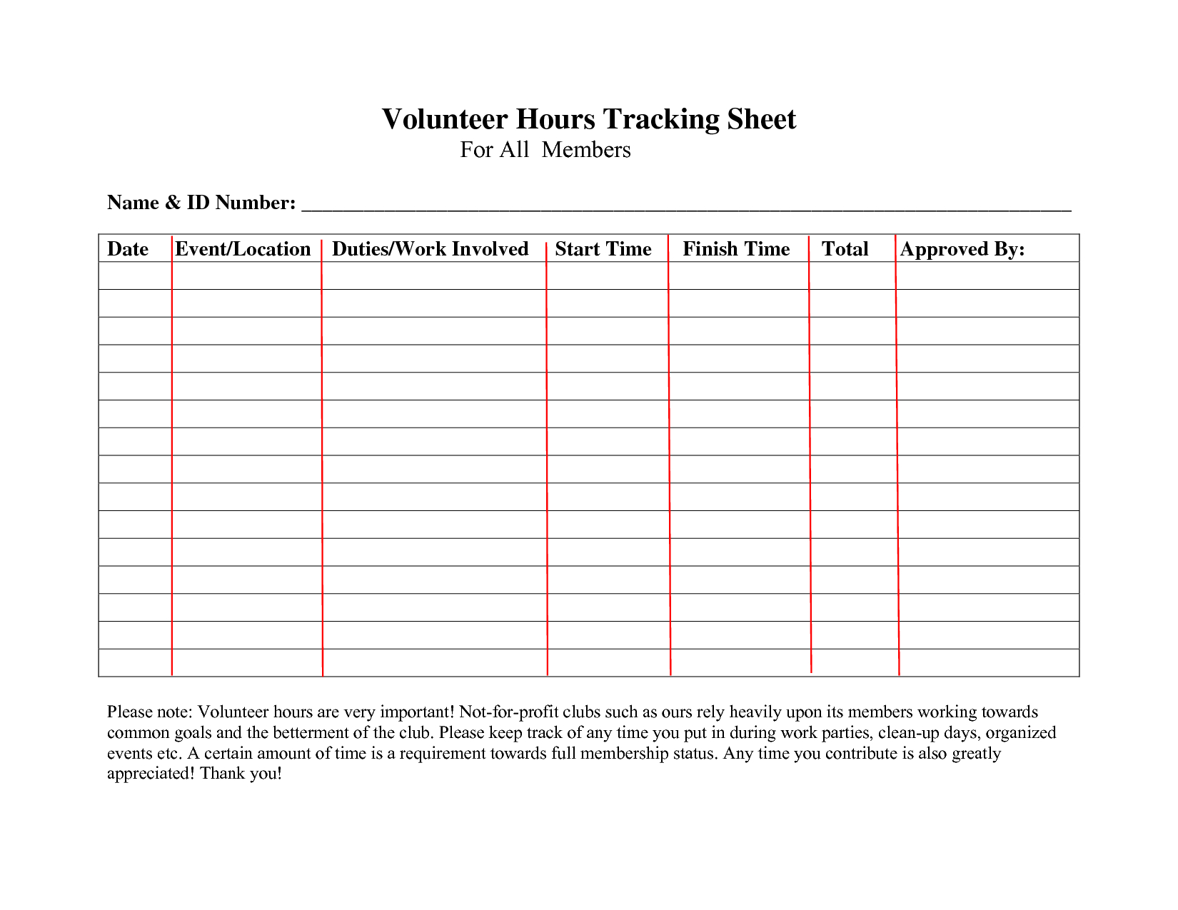 Printable Volunteer Log Sheet With Signature