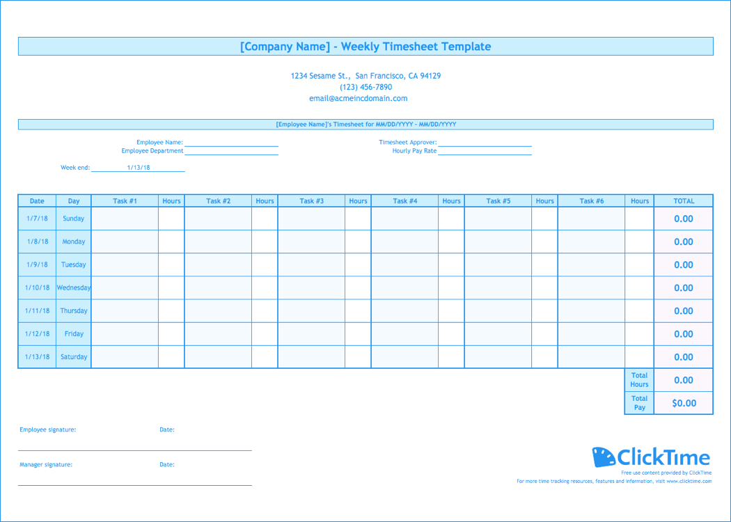 Weekly Timesheet Template | Free Excel Timesheets | Clicktime - Free Printable Weekly Time Sheets