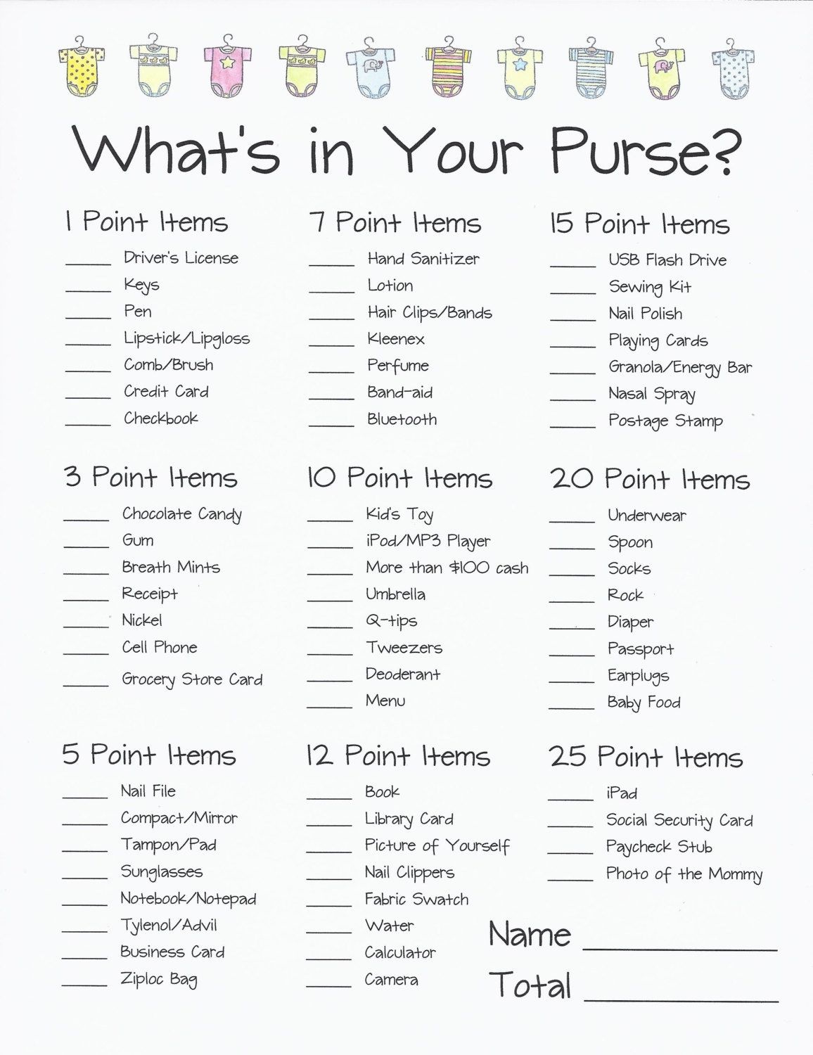 What&amp;#039;s In Your Purse? Baby Shower Game - Easy Baby Shower Games - Free Printable Baby Shower Game What&amp;#039;s In Your Purse