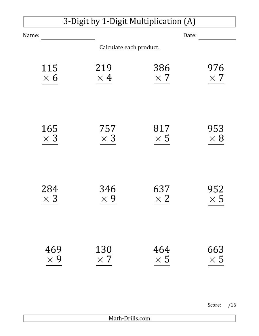 Worksheet : Multiplying 3 Digit Numbers1 Digit Numbers - Free Printable 3Rd Grade Worksheets