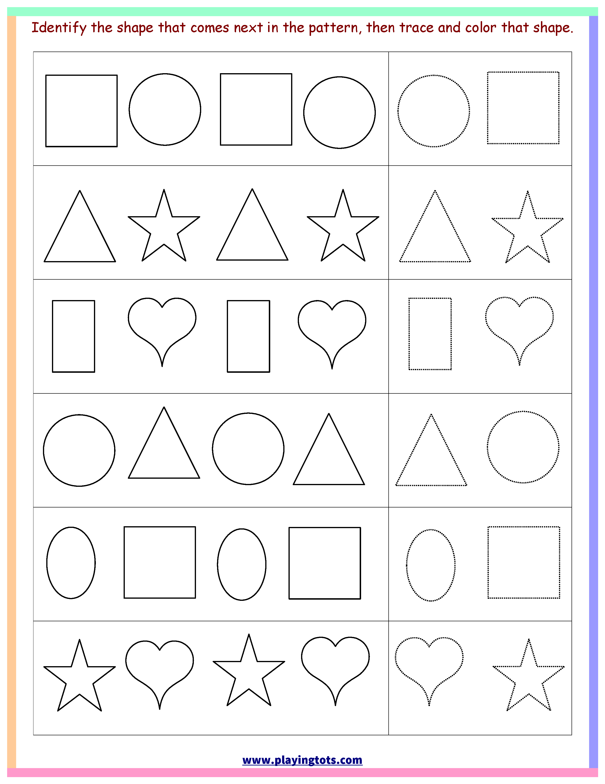 Worksheet,shapes,trace,color,pattern,free,printable,kids,toddler - Free Printable Toddler Learning Worksheets