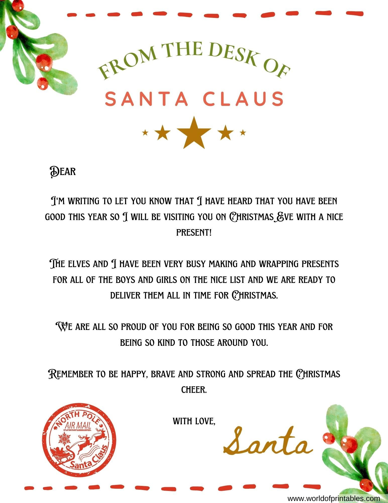 10 Best Free Letter From Santa Templates - World Of Printables throughout Free Printable Letter From Santa Template