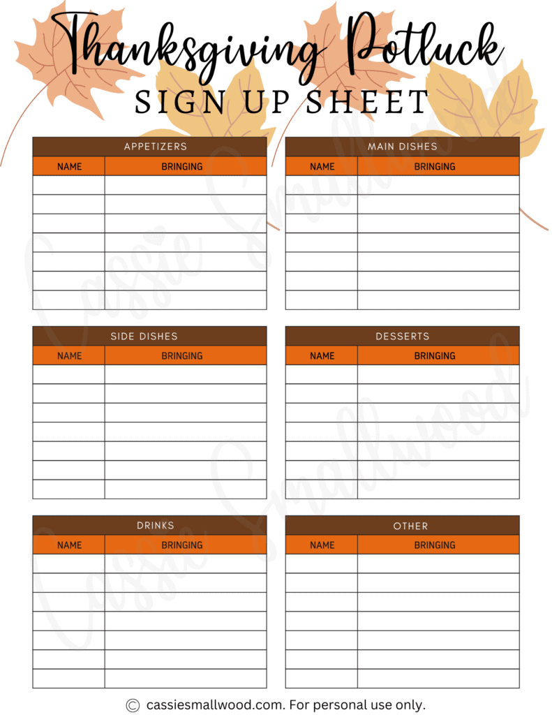 10 Cute Thanksgiving Potluck Sign Up Sheets - Cassie Smallwood within Free Printable Sign Up Sheets For Potlucks