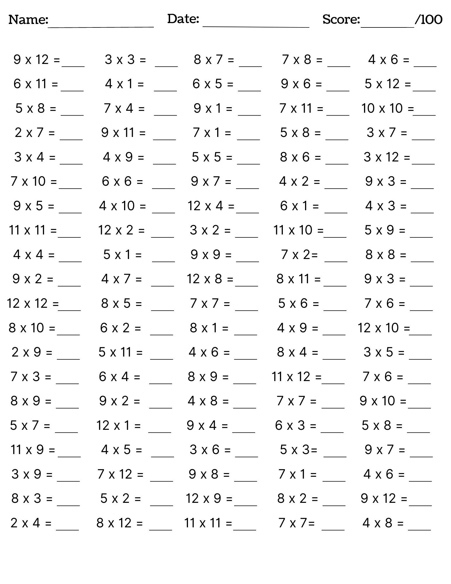 10 Printable Multiplication Worksheets, Fill In The Blanks Single with Free Printable Multiplication Worksheets