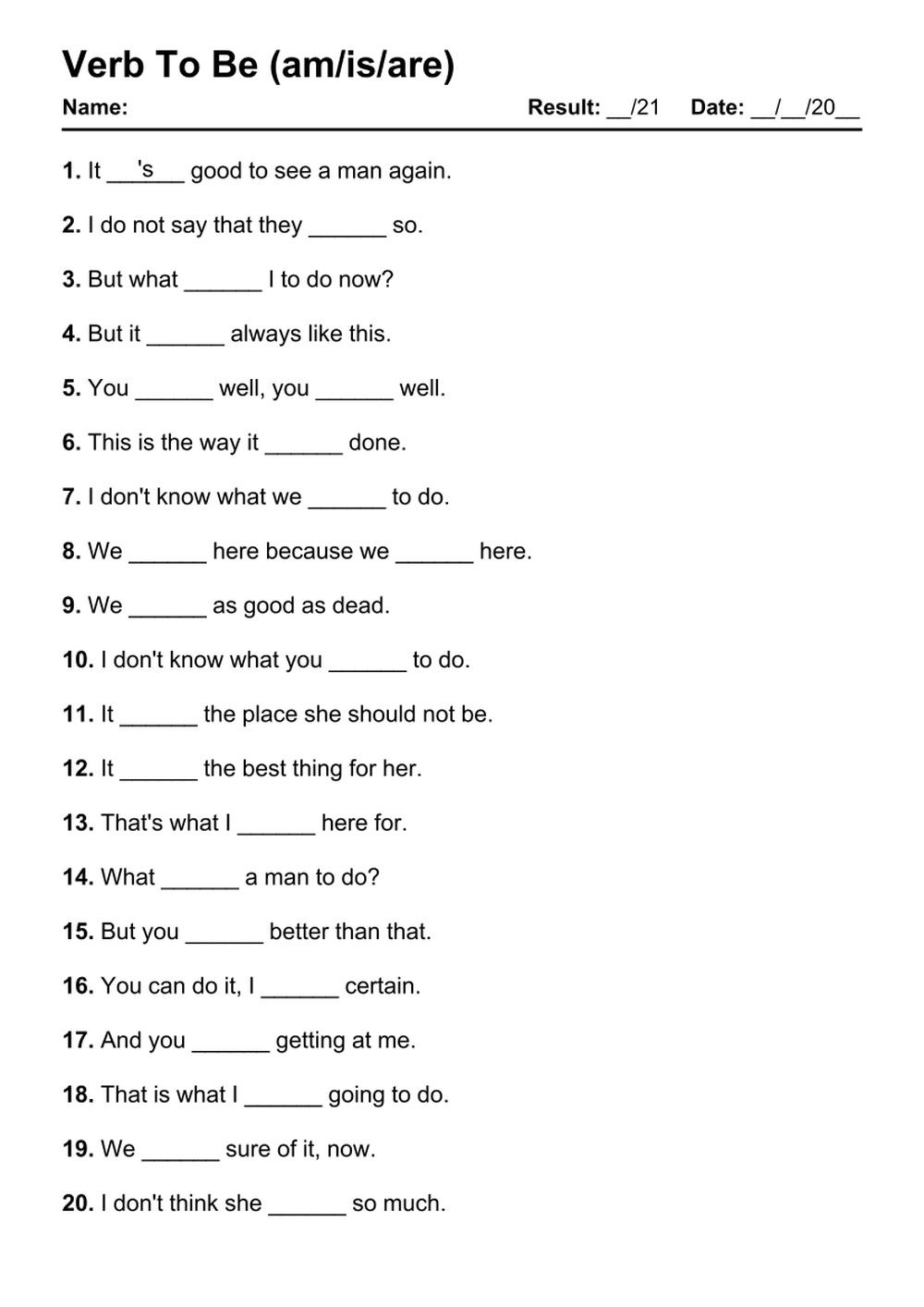 101 Verb To Be Pdf Worksheets With Answers [2103 Exercises pertaining to Free Printable Esl Grammar Worksheets
