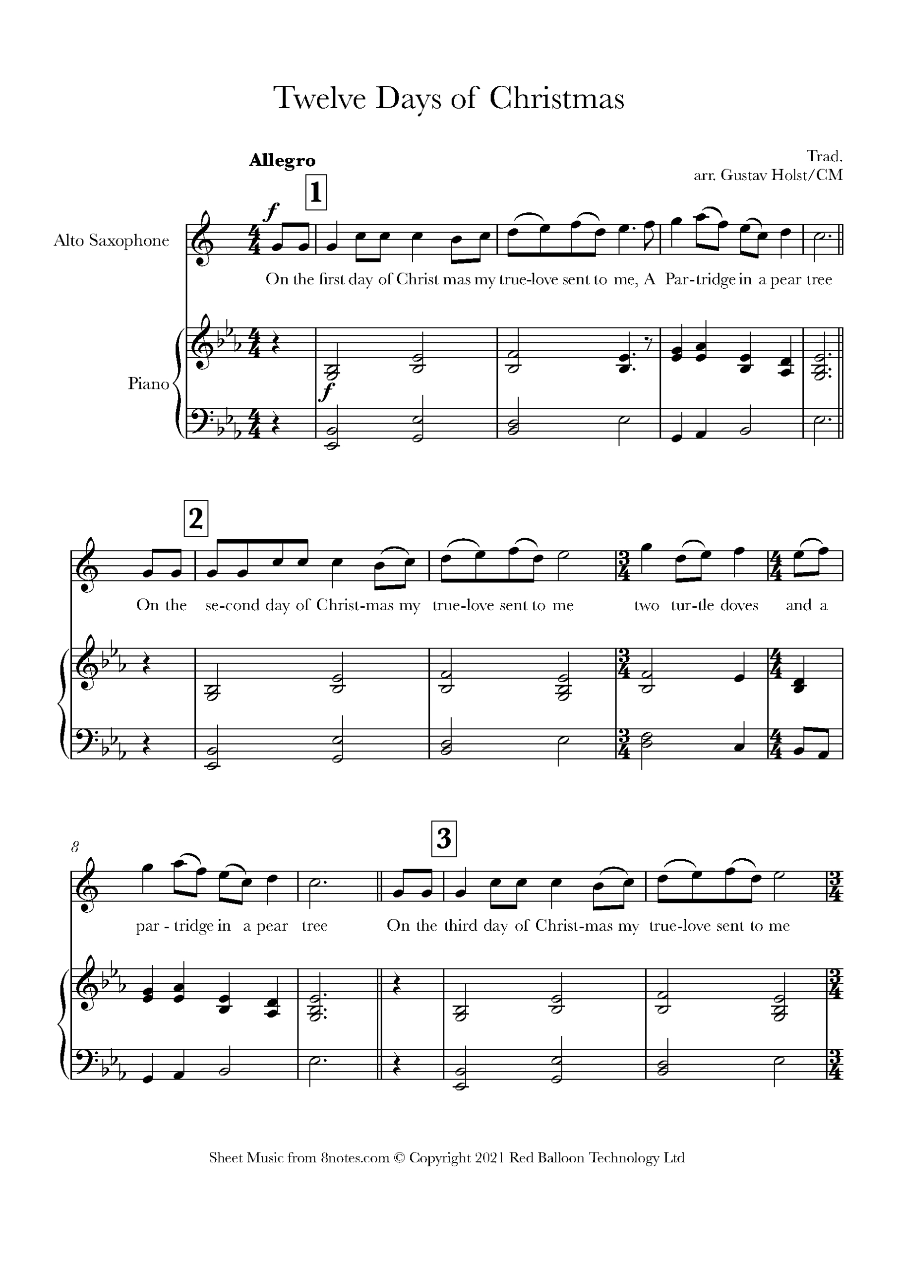 12 Days Of Christmas For Saxophone - Free Sheet Music For pertaining to Free Printable Christmas Sheet Music For Alto Saxophone