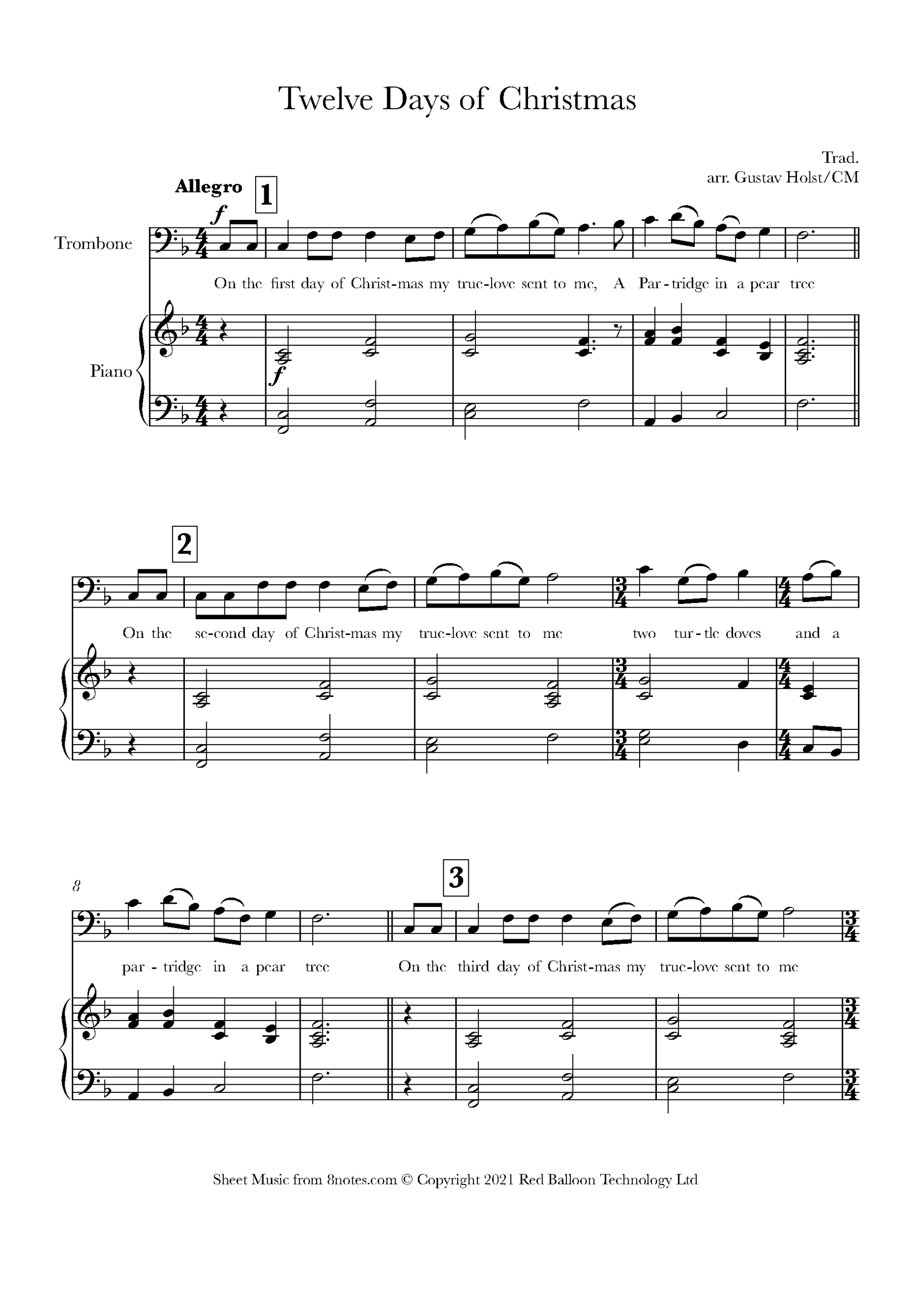 12 Days Of Christmas For Trombone - Free Sheet Music For Trombone throughout Trombone Christmas Sheet Music Free Printable