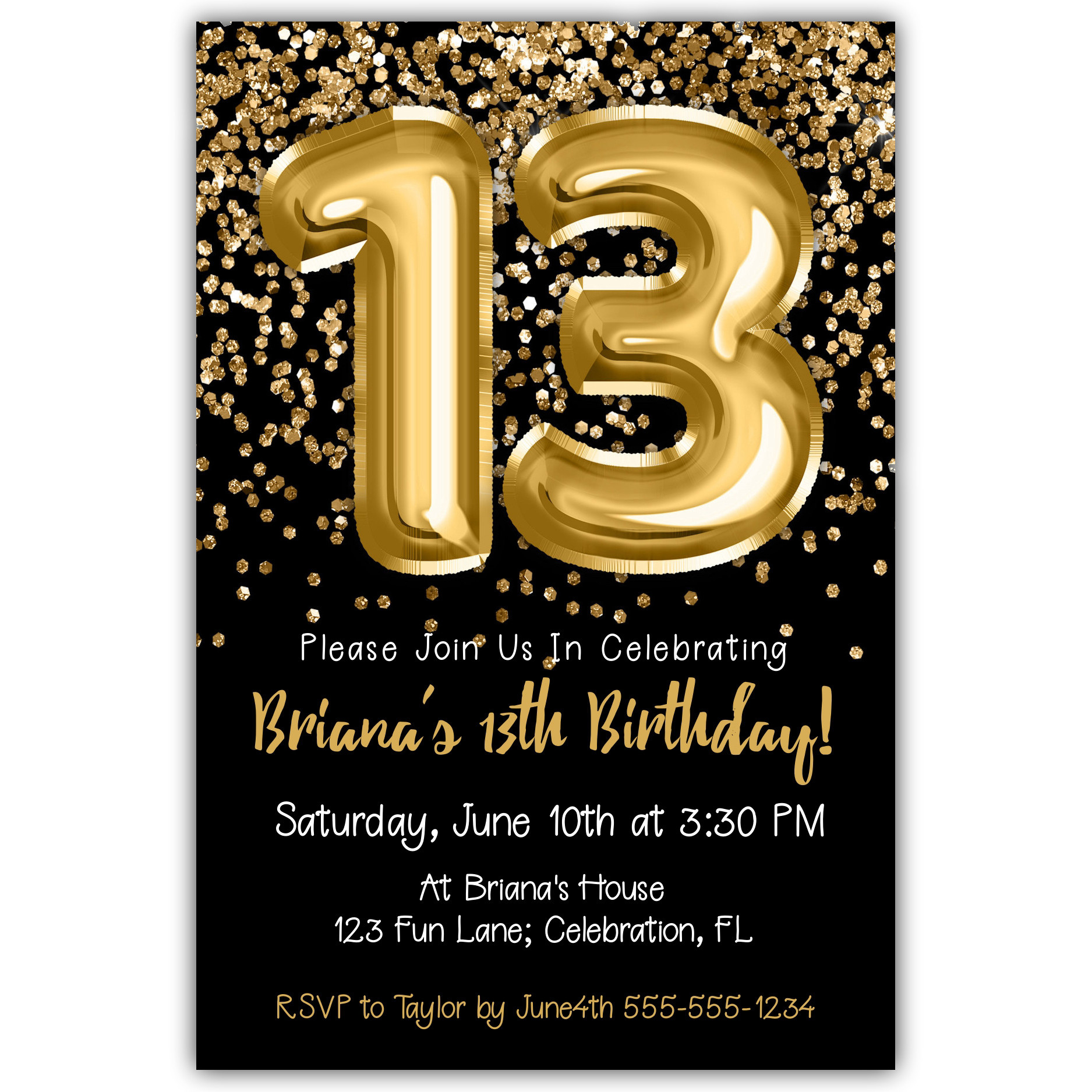 13Th Birthday Invitation Gold Balloons Glitter On Black Birthday regarding 13Th Birthday Party Invitations Printable Free