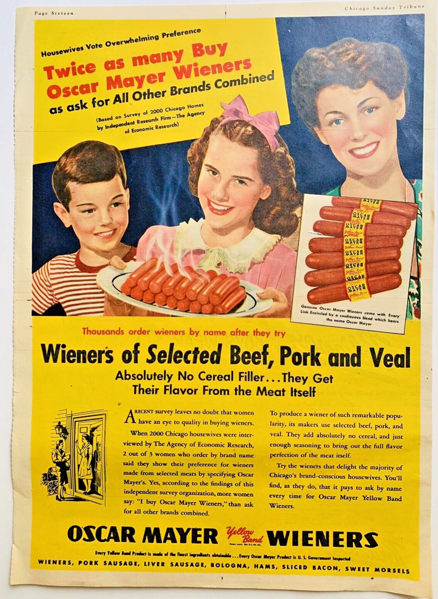 1947 Oscar Mayer Wieners Print Ad Mother Girl Boy Steaming Hot Dogs 15" X  10" regarding Free Printable Oscar Mayer Coupons