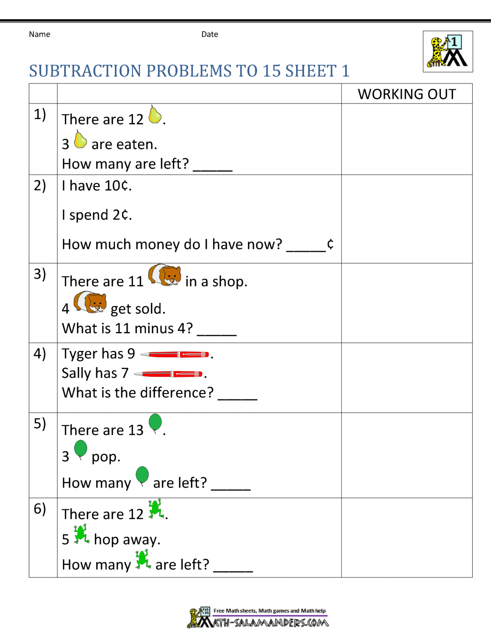 1St Grade Subtraction Word Problems for Free Printable 1St Grade Math Word Problems