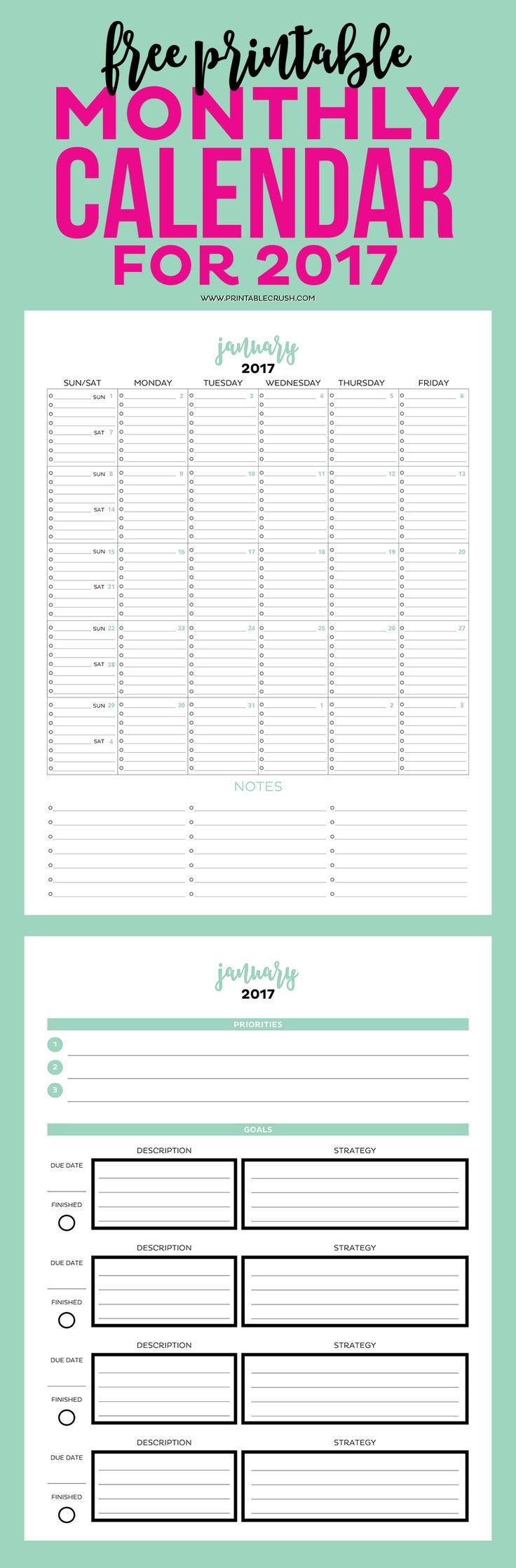 2017 Simple Printable Calendar And Goal Planner intended for Free Printable Agenda 2017