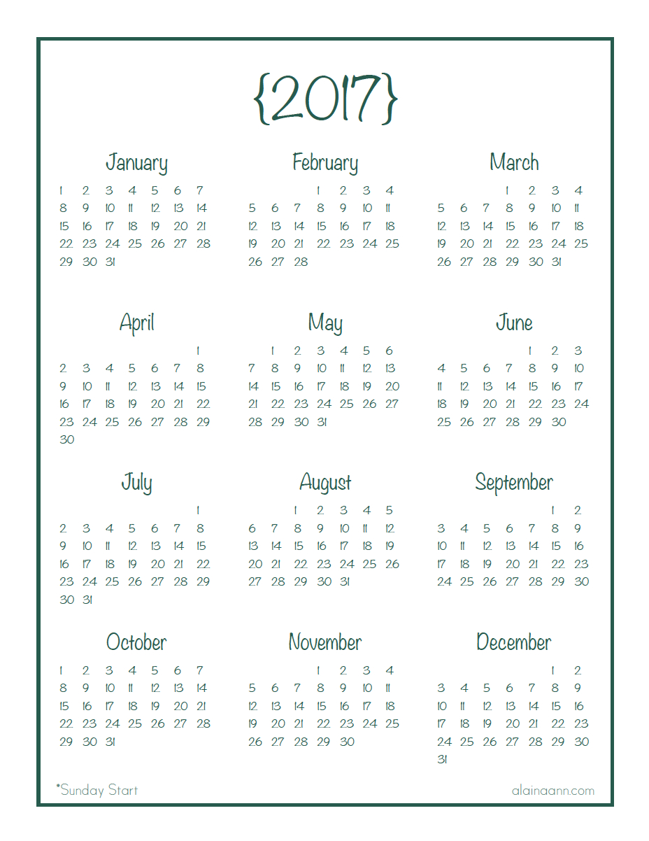 2017 Year-At-A-Glance Calendar Printable — Alaina Ann for Free Printable Agenda 2017