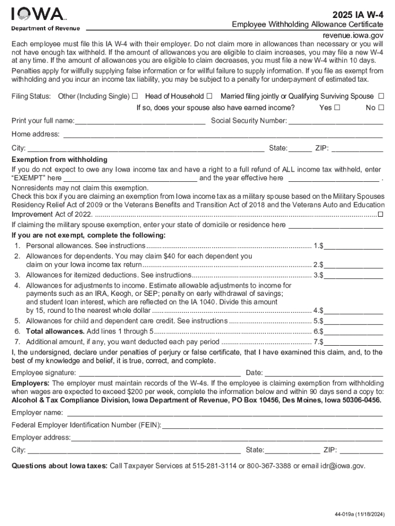 2025 Form Ia Dor W-4 Fill Online, Printable, Fillable, Blank with Free Printable W 4 Form