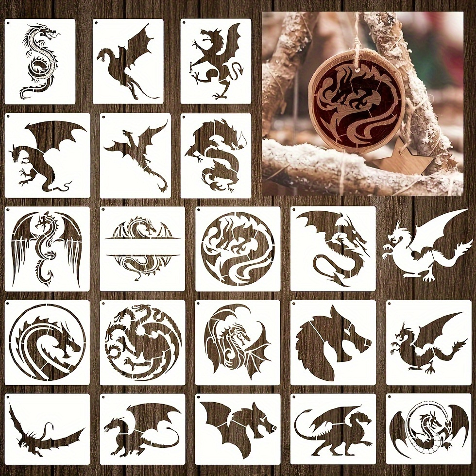 20Pcs Dragon Stencils Template Reusable Mylar Craft Stencils For Painting On Wood Canvas Walls Decorations Diy Projects (20 Dragon) in Free Printable Dragon Stencils
