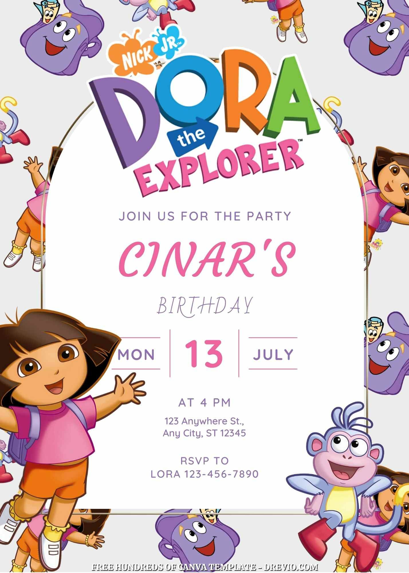 22+ Dora The Explorer Canva Birthday Invitation Templates pertaining to Dora The Explorer Free Printable Invitations