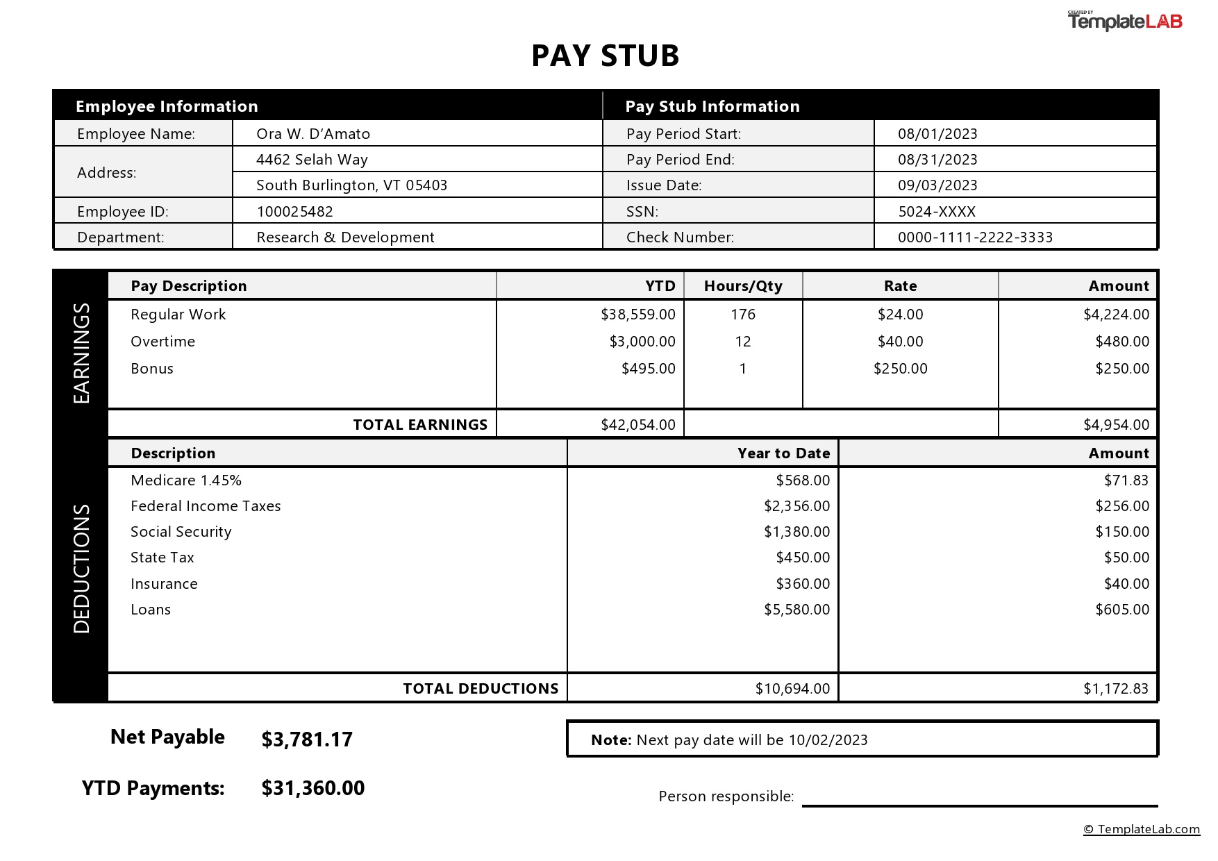 24 Free Pay Stub Templates [Word, Excel, Pdf] - Templatelab throughout Free Printable Paycheck Stubs