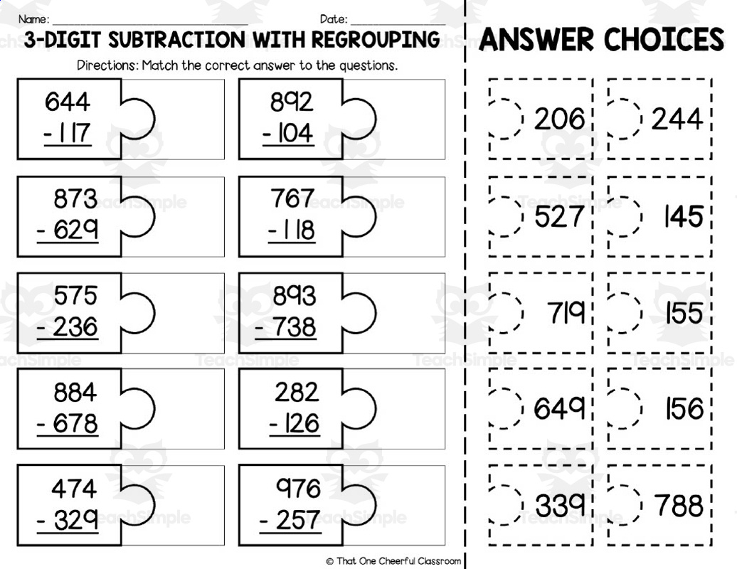 3 Digit Subtraction With Regrouping Matching Worksheet throughout Free Printable 3 Digit Subtraction With Regrouping Worksheets