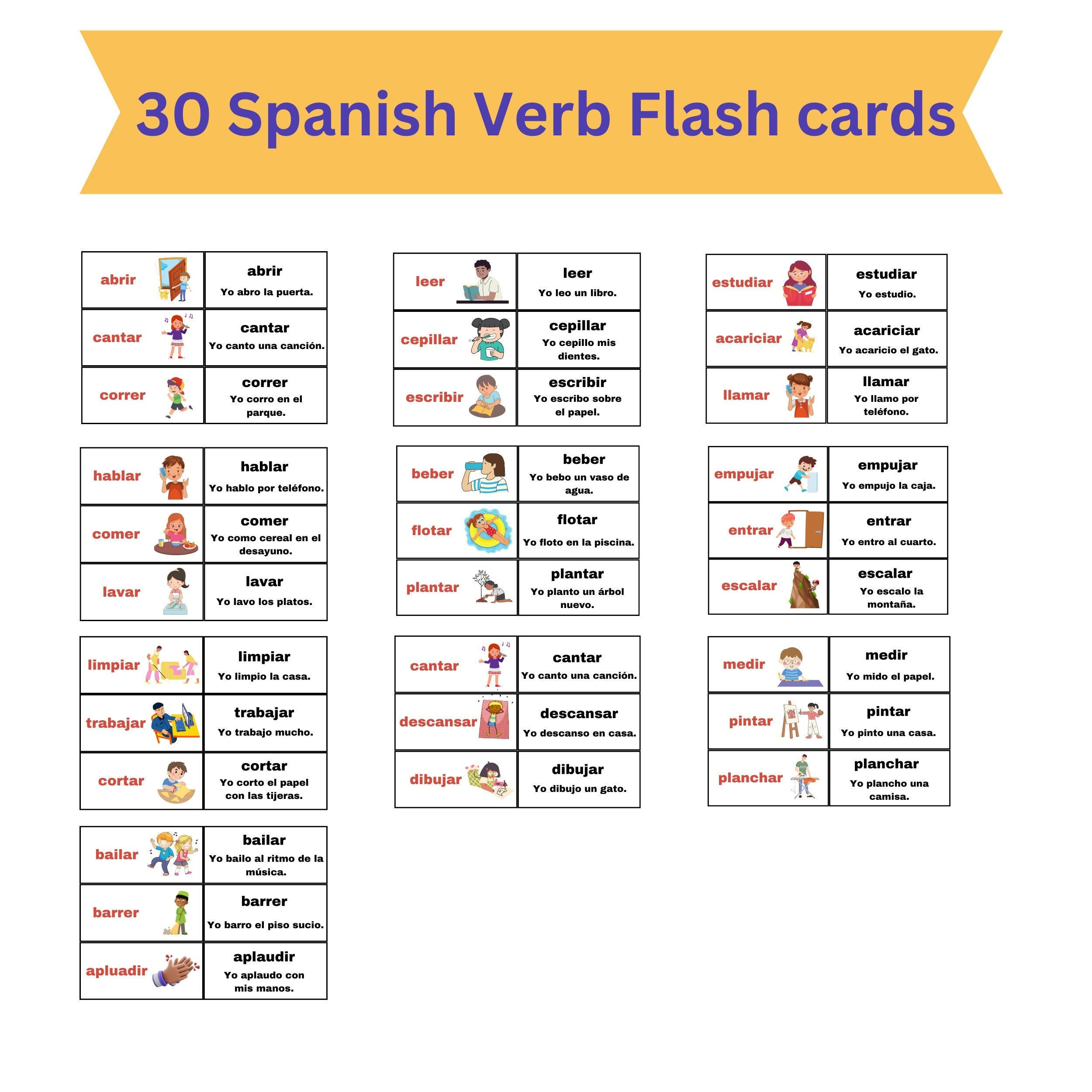 30 Flash Cards Spanish Verb For Classroom Decor Flash Cards intended for Free Printable Spanish Verb Flashcards