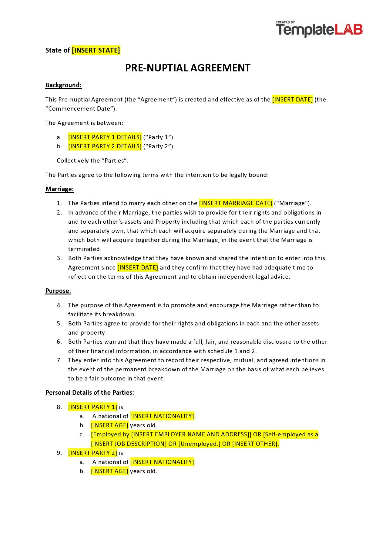 30+ Simple Prenuptial Agreement Templates [Prenup Examples] with Free Printable Prenuptial Agreement Form