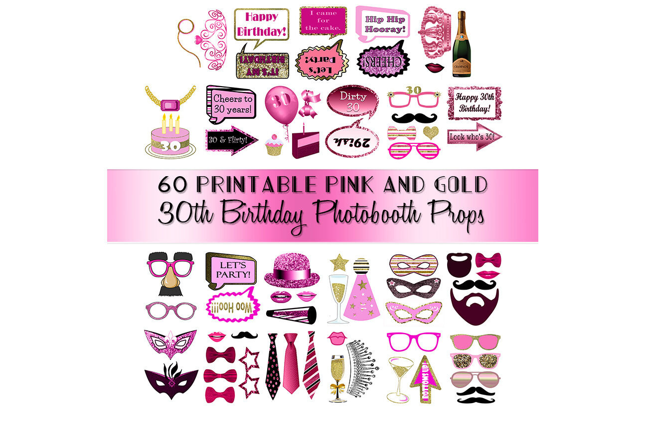 30Th Birthday Photo Booth Props Pink And Gold Over 70 Adult Classy with regard to Free Printable 30Th Birthday Photo Booth Props