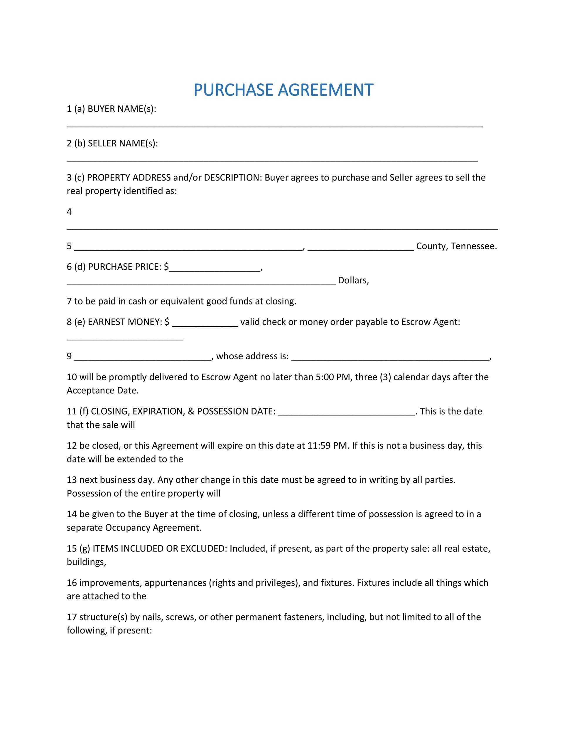 37 Simple Purchase Agreement Templates [Real Estate, Business] within Free Printable Purchase Agreement Template