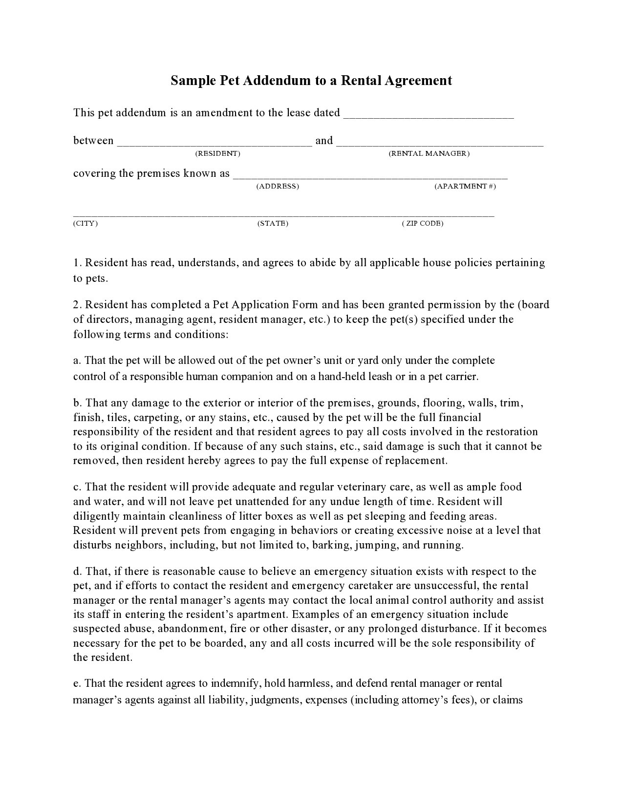 39 Free Pet Addendum Forms To Rental Agreement [Doc, Pdf] intended for Free Printable Pet Addendum