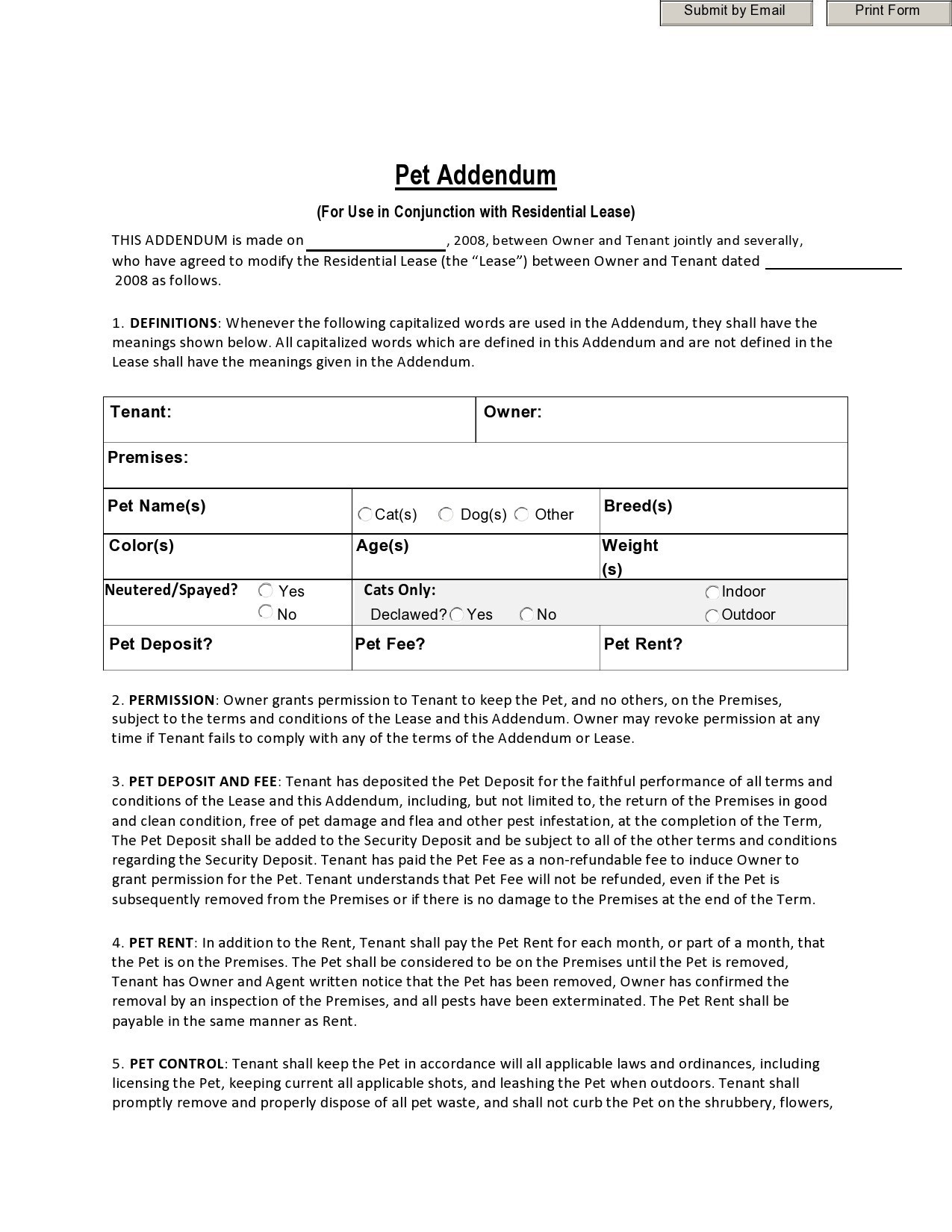 39 Free Pet Addendum Forms To Rental Agreement [Doc, Pdf] regarding Free Printable Pet Addendum