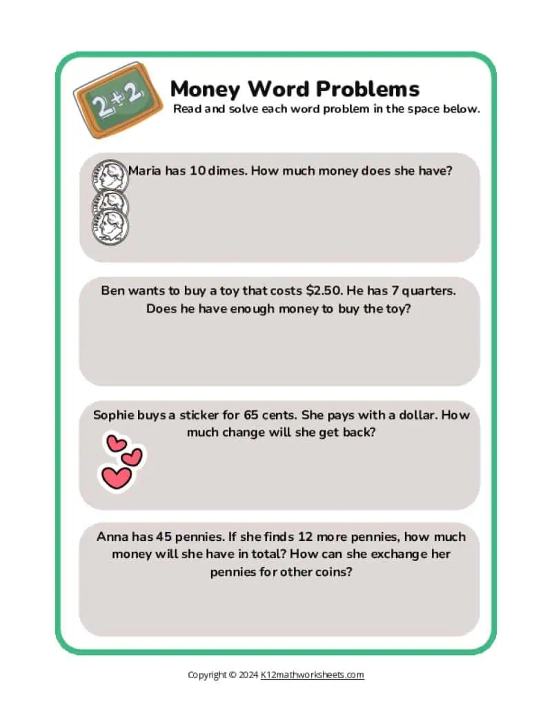 Free Printable Money Word Problems Worksheets