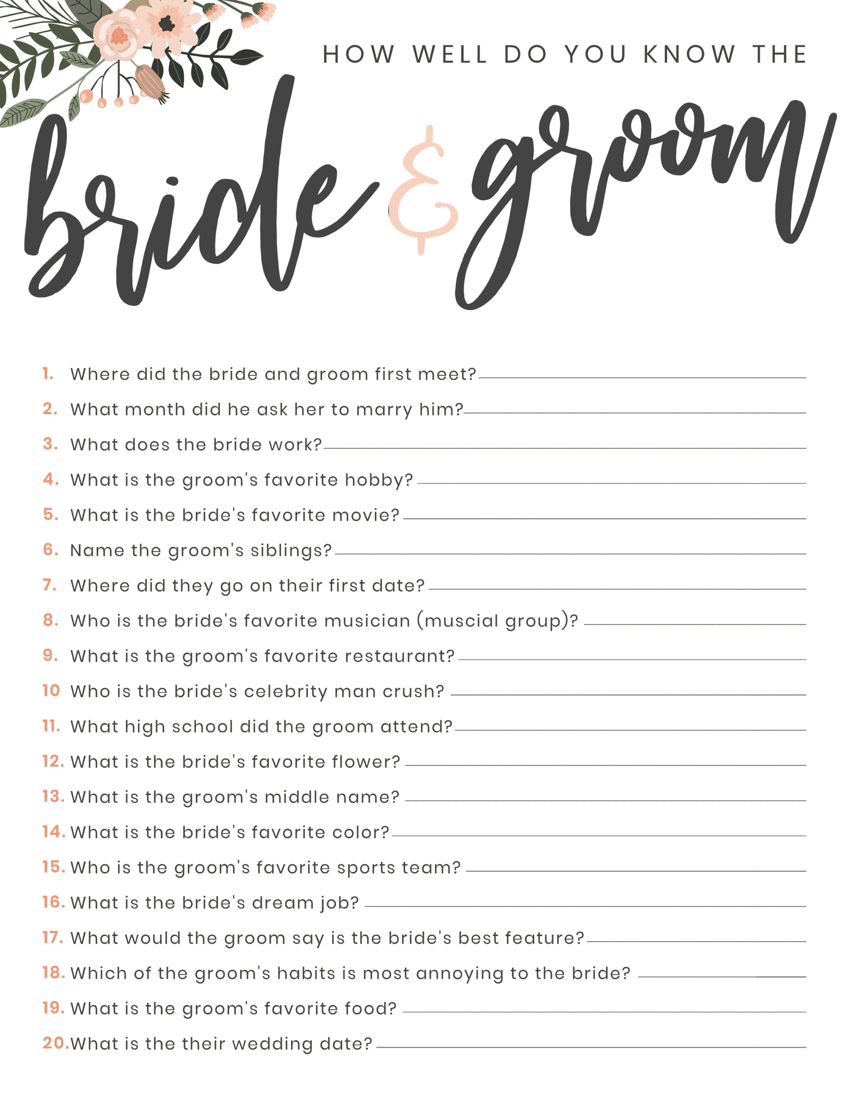 4 Printable Fun Bridal Shower Games intended for How Well Does The Bride Know The Groom Free Printable