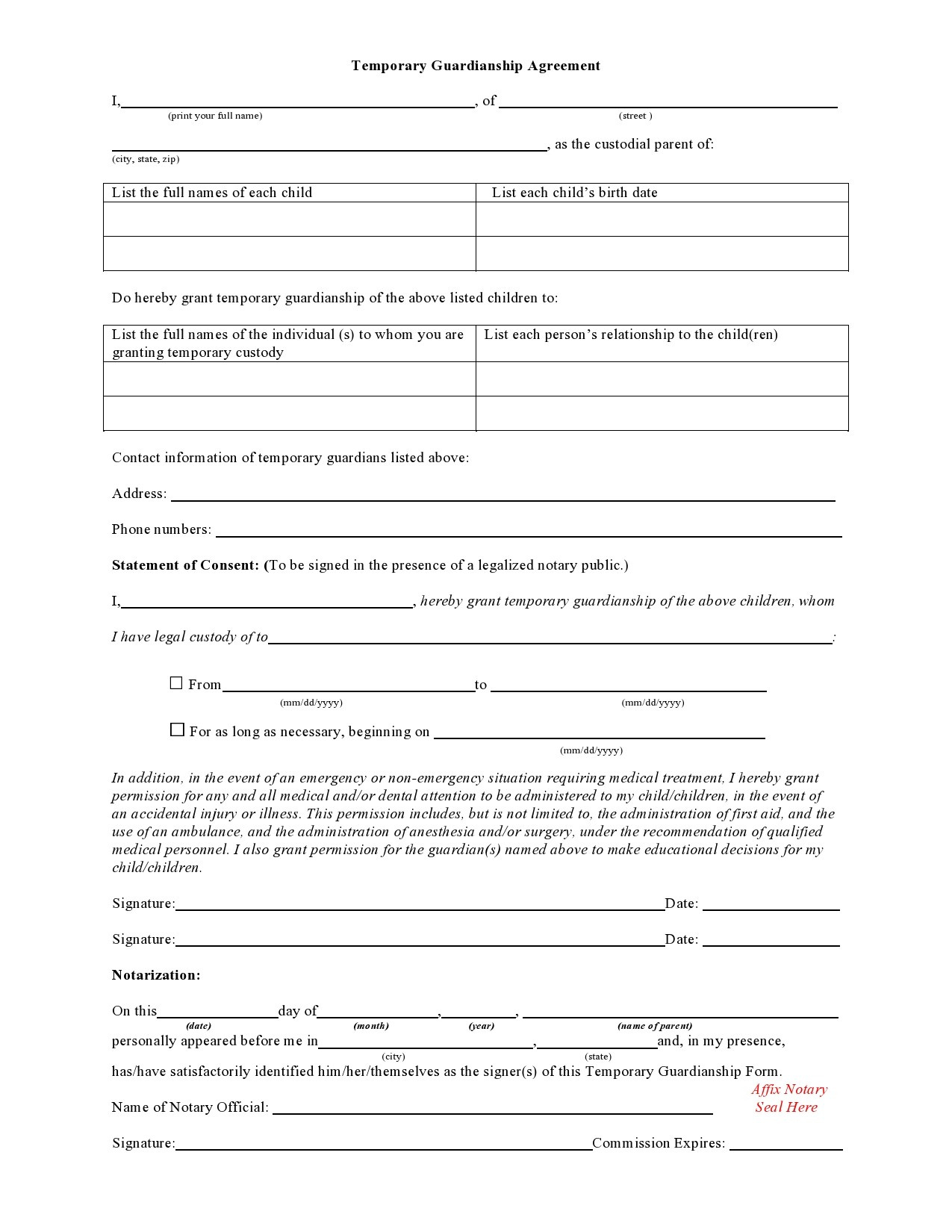 40 Printable Temporary Guardianship Forms [All States] pertaining to Free Printable Temporary Guardianship Form