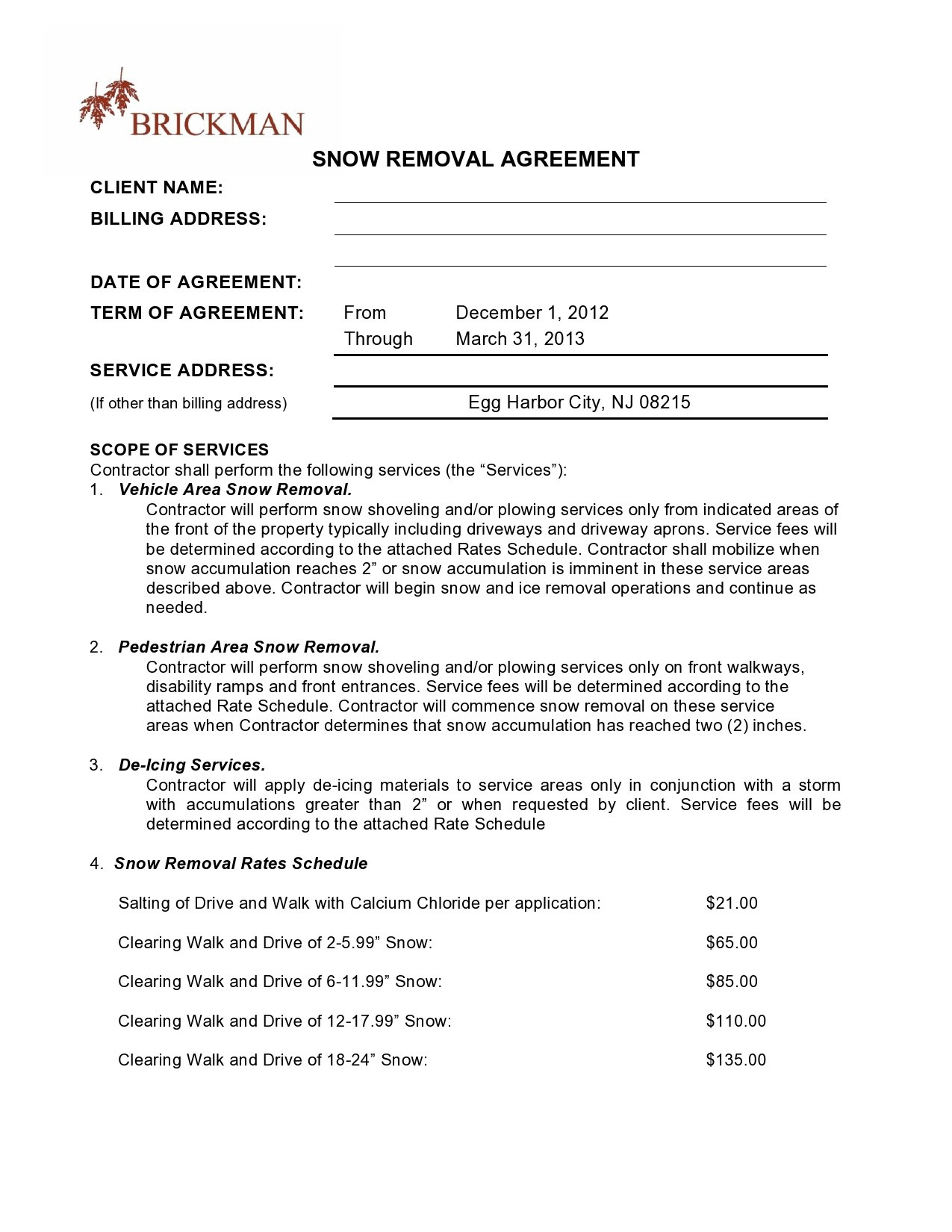 40 Professional Snow Removal Contracts (Free) ᐅ Templatelab intended for Free Printable Snow Removal Contract