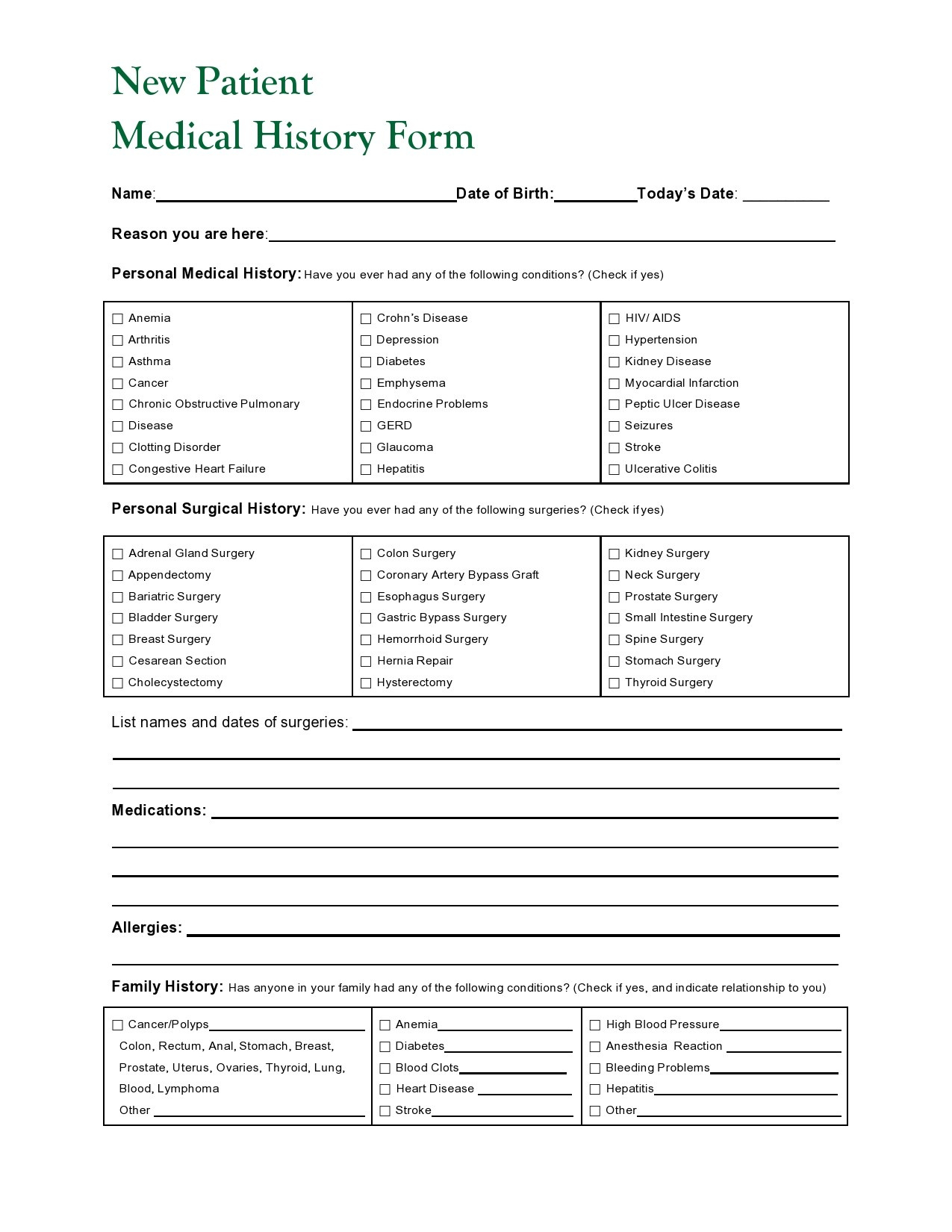 43 Medical Health History Forms [Pdf, Word] ᐅ Templatelab with Free Printable Personal Medical History Forms