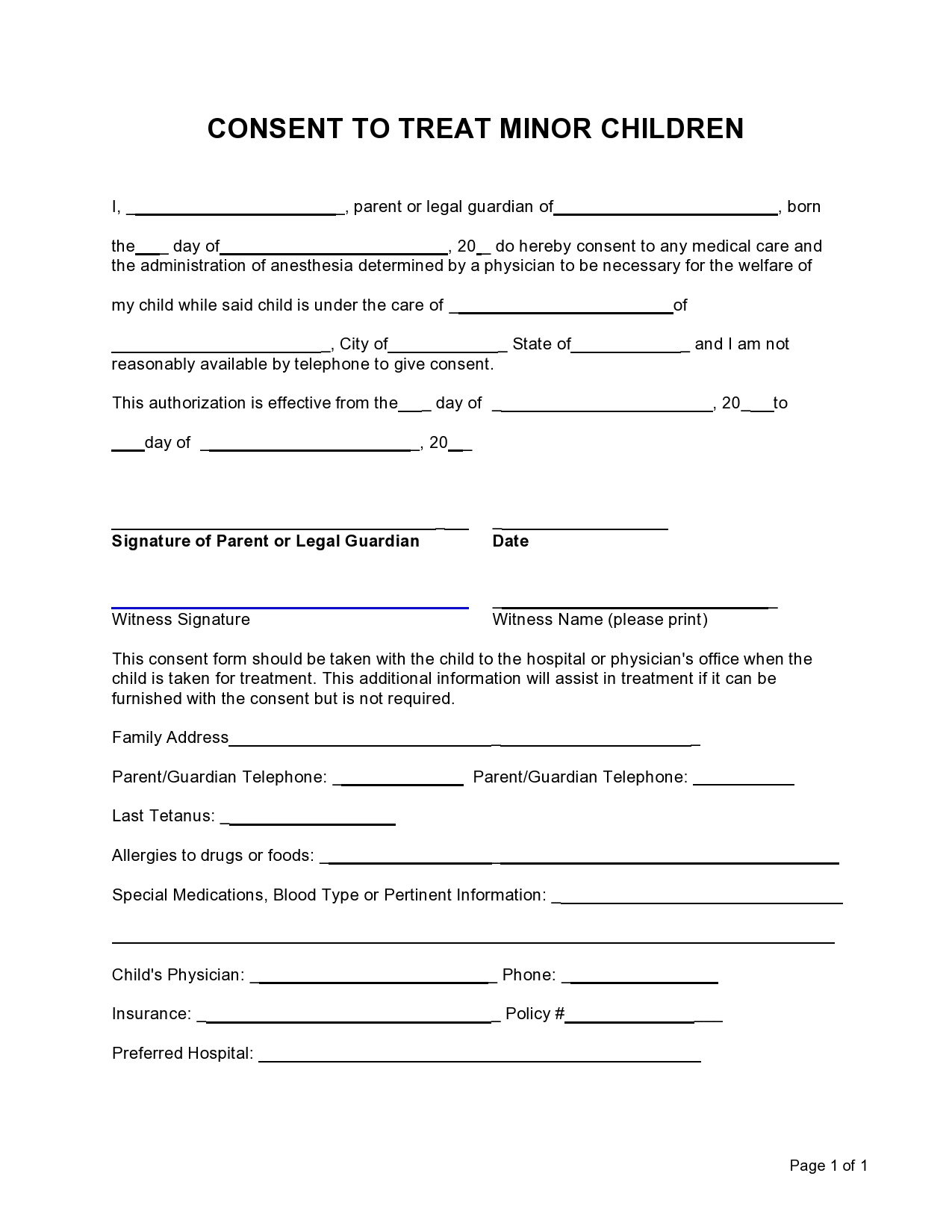 43 Printable Medical Consent Forms For Minor (Free) in Free Printable Medical Consent Form