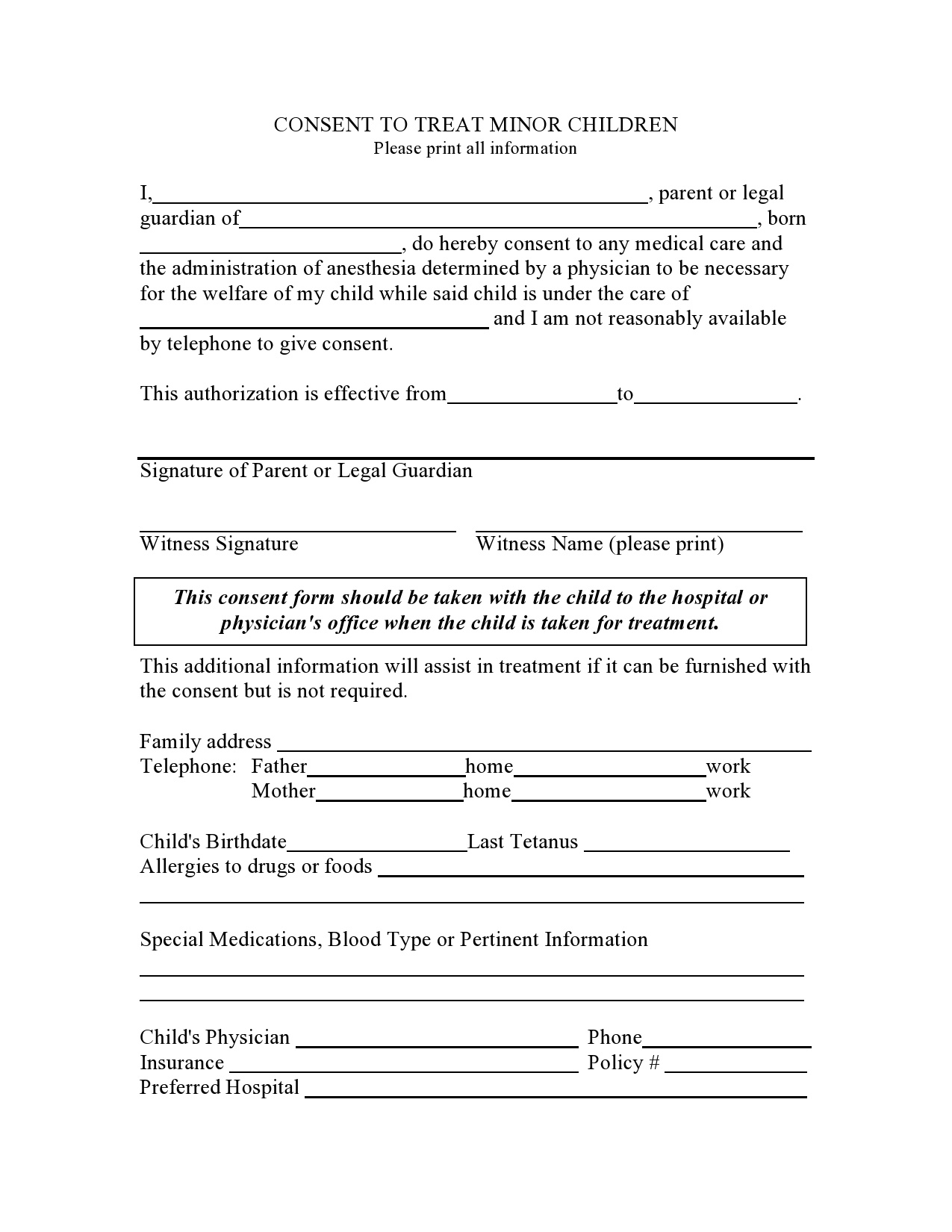 43 Printable Medical Consent Forms For Minor (Free) regarding Free Printable Child Medical Consent Form