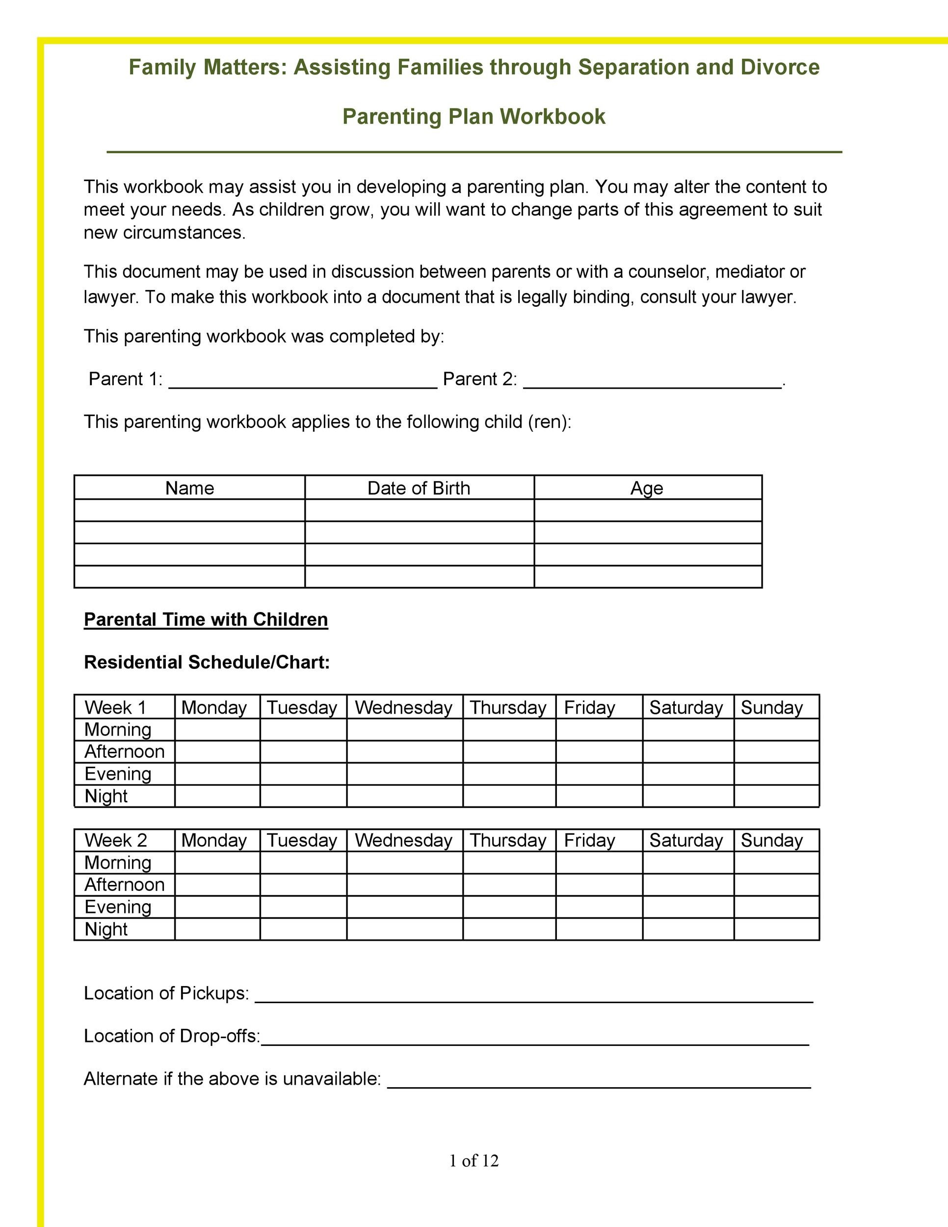 49 Free Parenting Plan & Custody Agreement Templates with Free Printable Parenting Plan