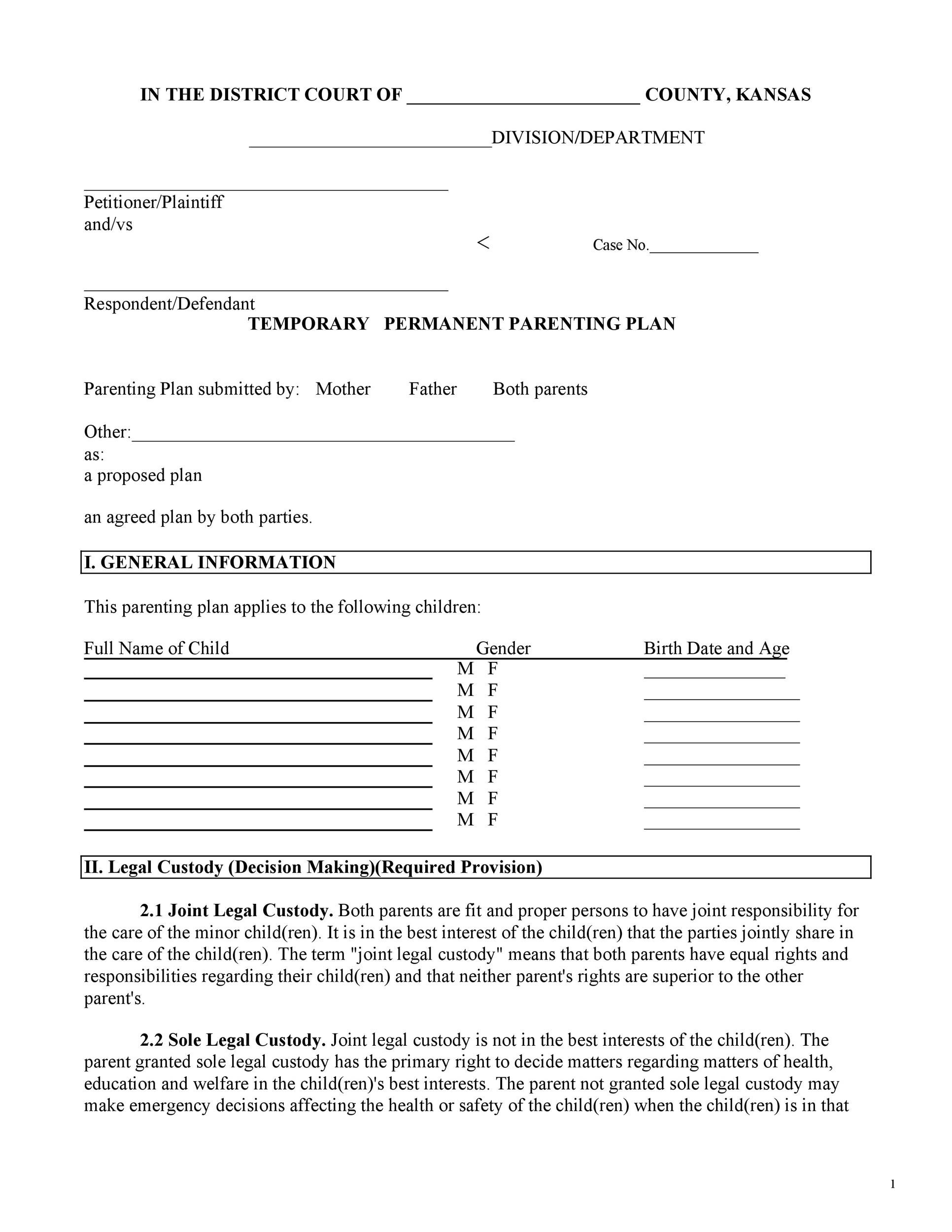 49 Free Parenting Plan & Custody Agreement Templates within Free Printable Parenting Plan