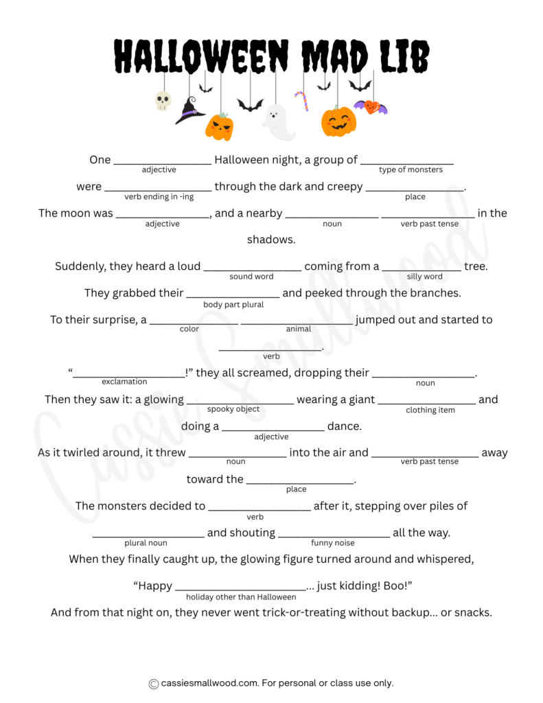 5 Fun Halloween Mad Libs (Free Printable) - Cassie Smallwood with regard to Free Printable Mad Libs