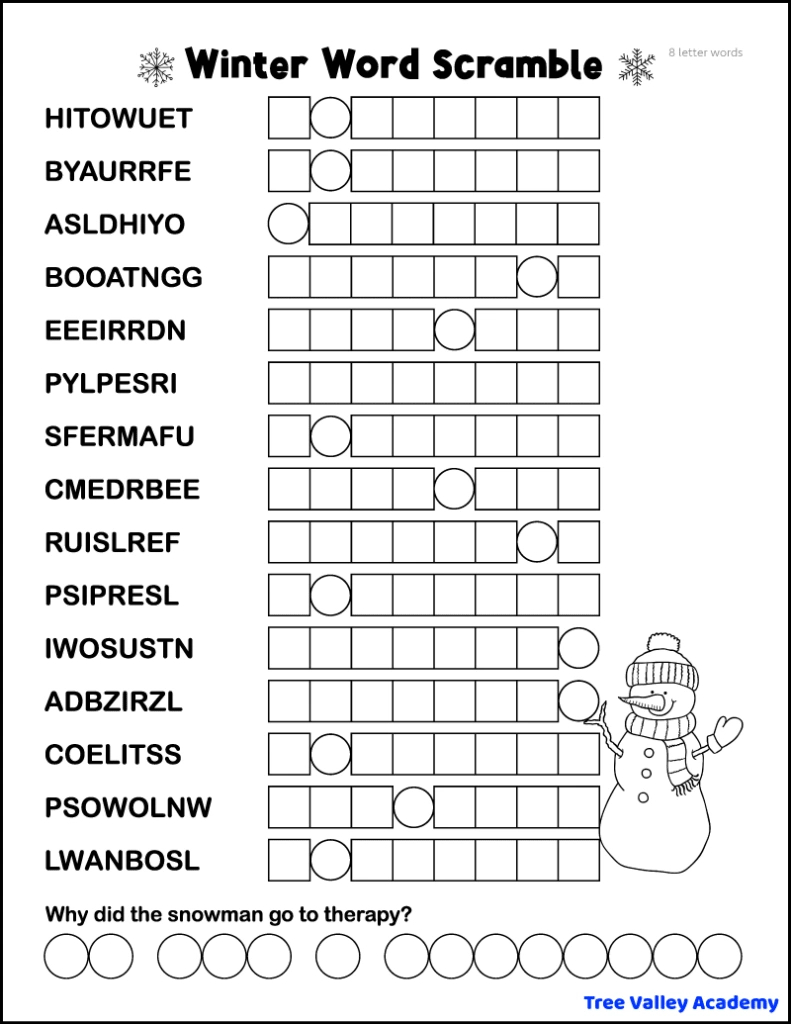 5 Printable Winter Word Scrambles - Tree Valley Academy with Free Printable Word Jumble Puzzles For Adults