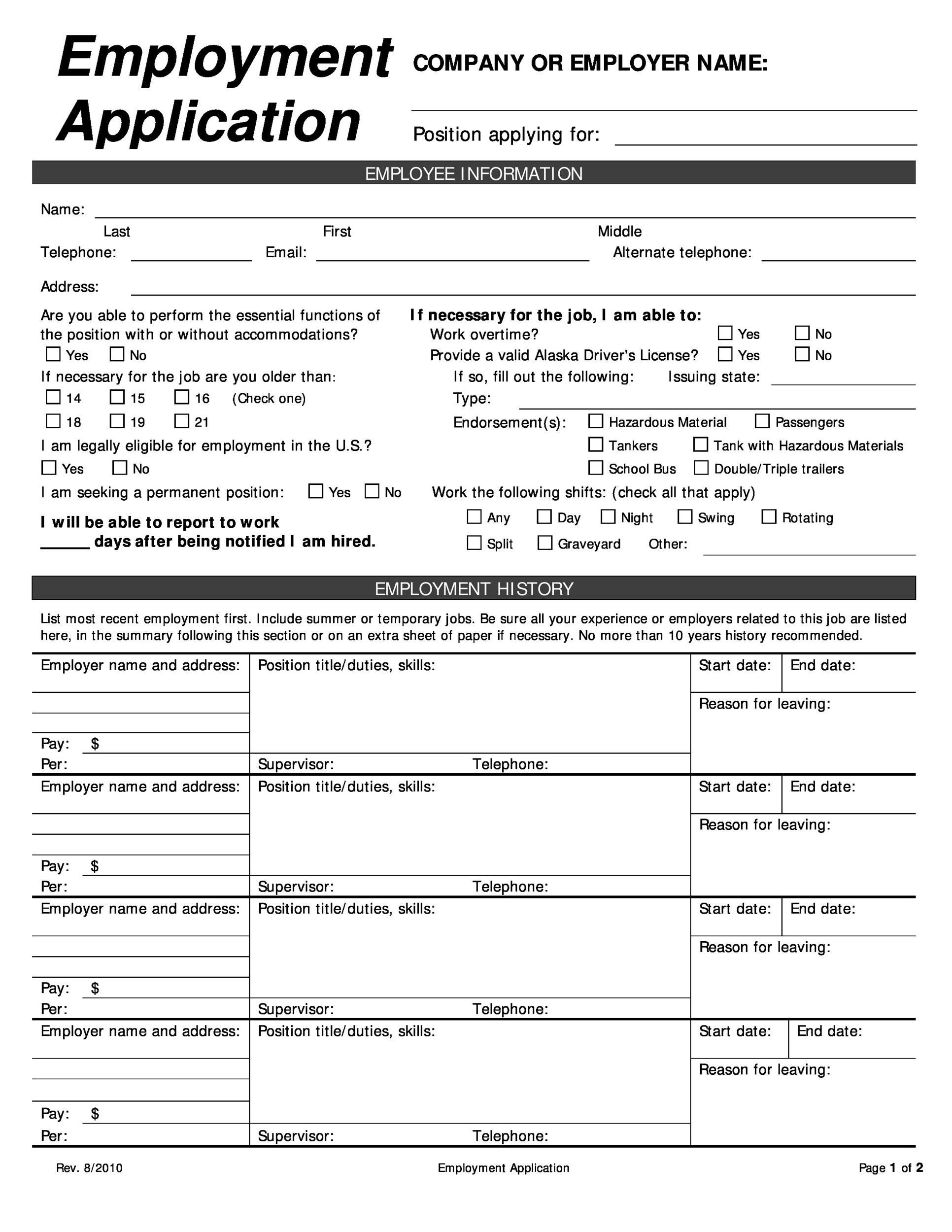 50 Free Employment / Job Application Form Templates [Printable] ᐅ inside Free Printable Employment Application