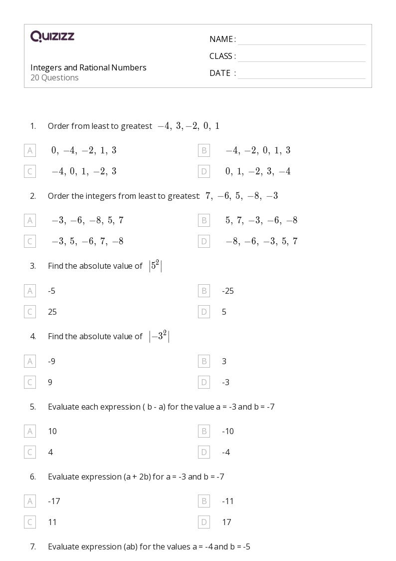 50+ Integers And Rational Numbers Worksheets For 7Th Grade On inside Free Printable Integer Worksheets Grade 7