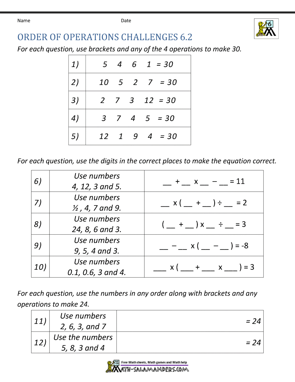 6Th Grade Order Of Operations Worksheets regarding Free Printable Math Worksheets 6Th Grade Order Operations
