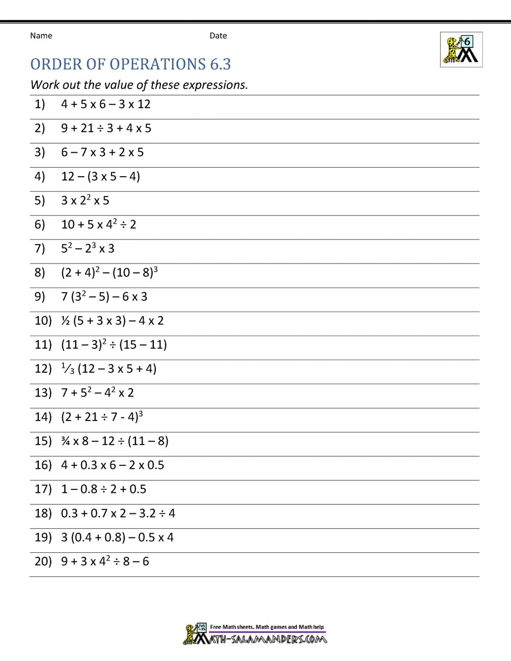 6Th Grade Order Of Operations Worksheets throughout Free Printable Math Worksheets 6Th Grade Order Operations