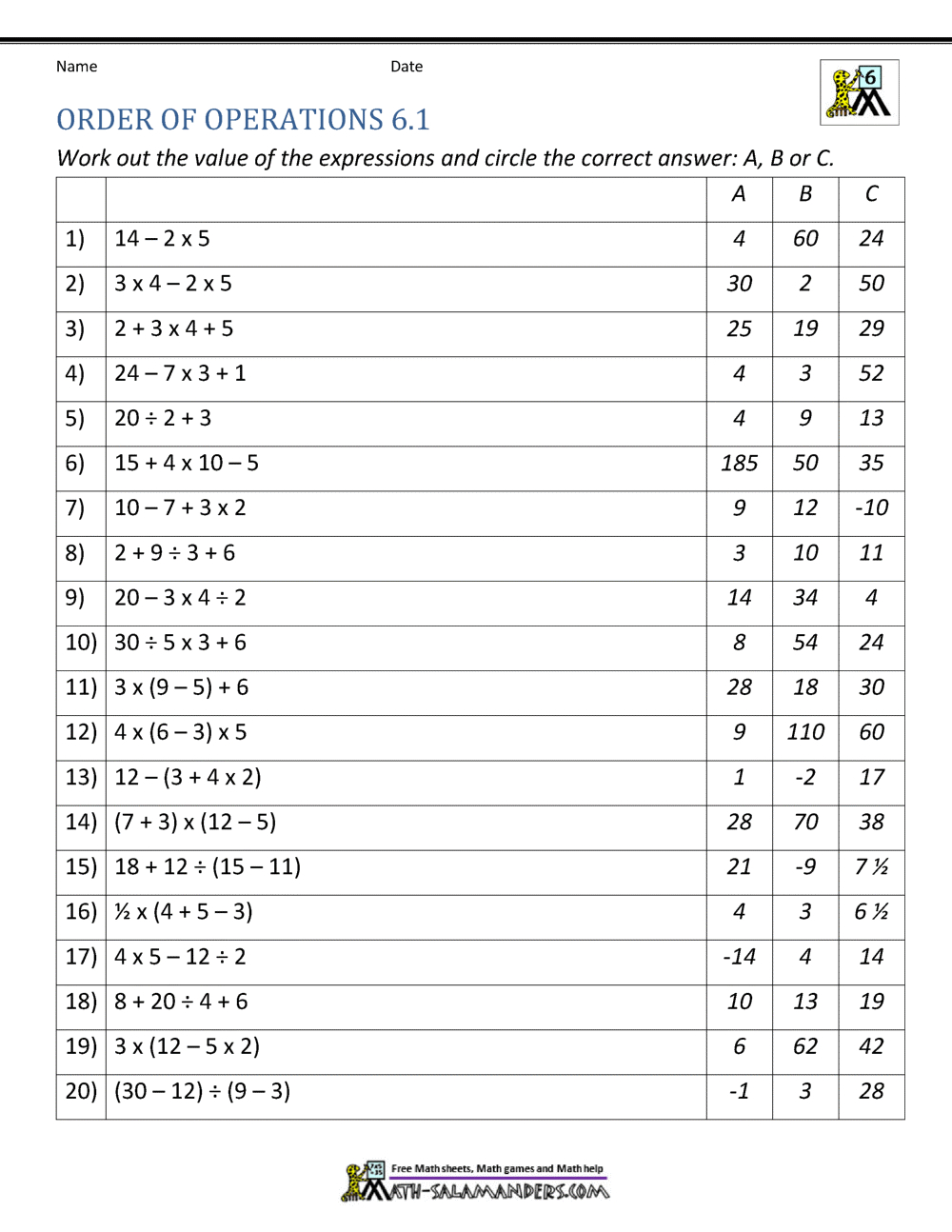 6Th Grade Order Of Operations Worksheets - Worksheets Library for Free Printable Math Worksheets 6Th Grade Order Operations